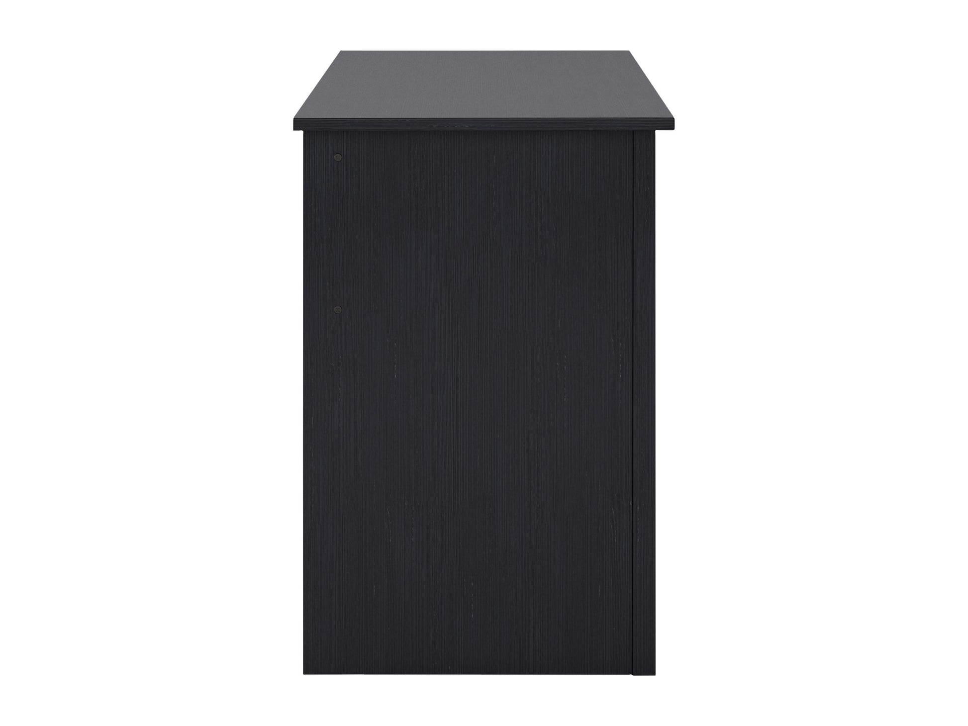 Black desk with drawers, sleek modern design, wooden legs, spacious workspace, and minimalist aesthetic.