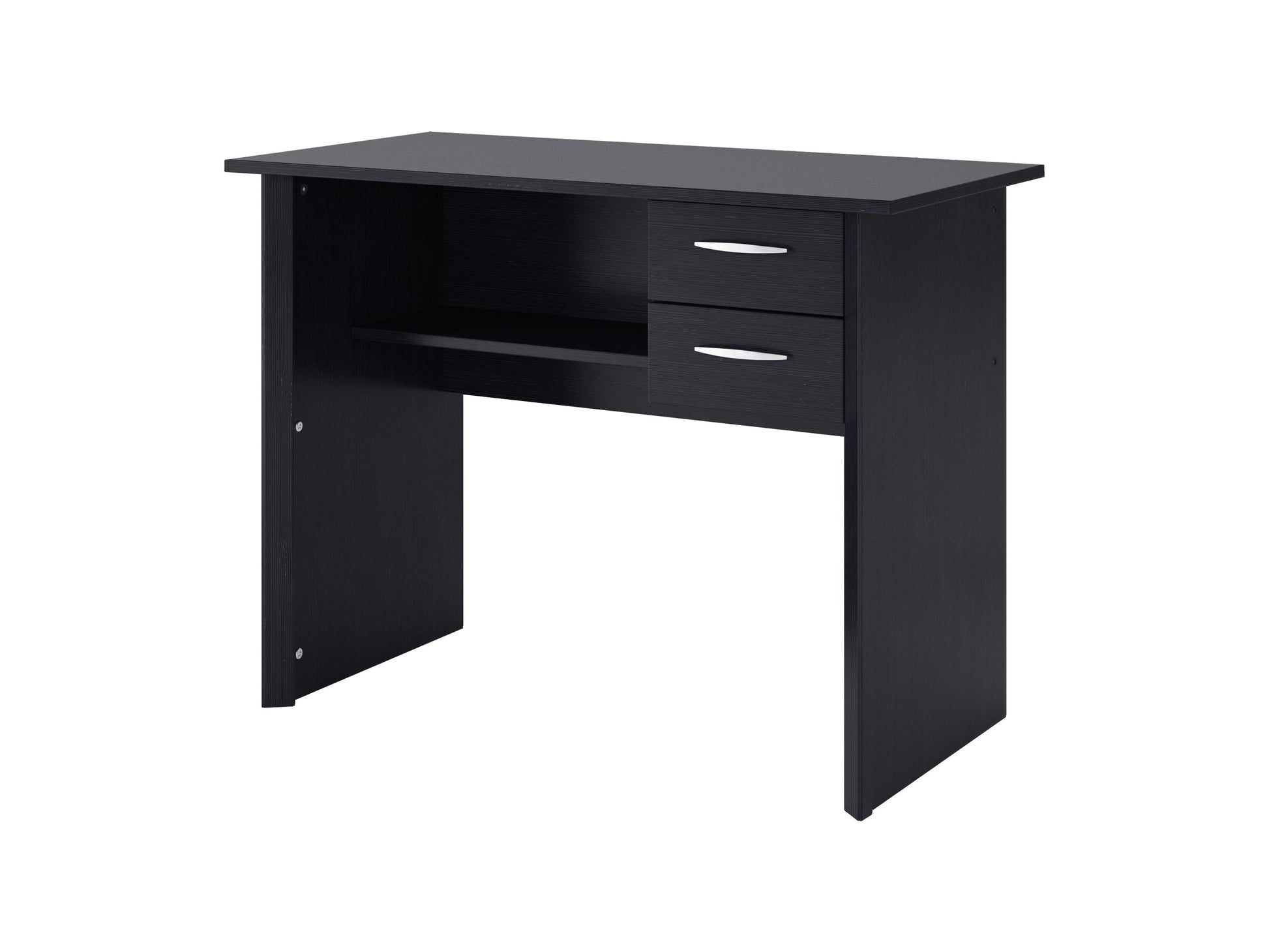 Black wooden desk with drawers, sleek minimalist design, and sturdy construction for home office or workspace.