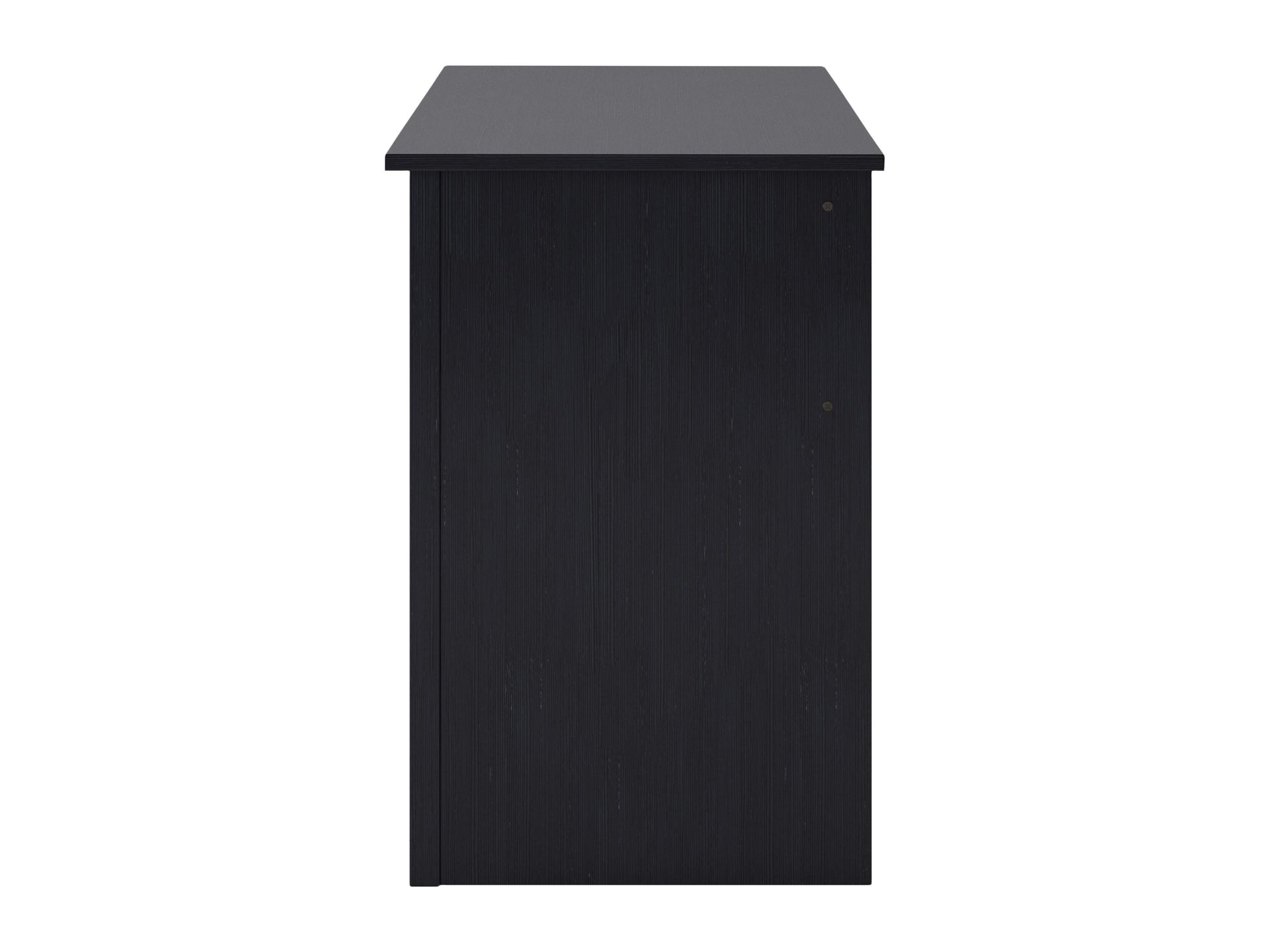 Black desk with drawers, sleek design, metal handles, and ample storage space for home office or study.