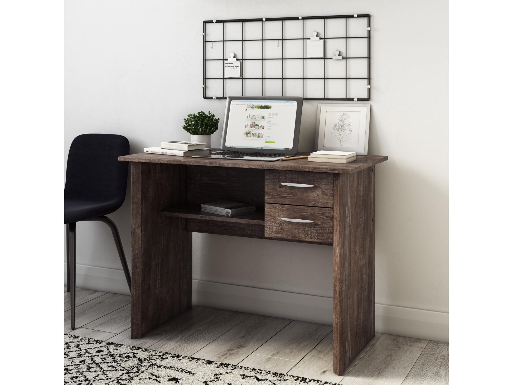 Brown wooden desk with drawers, sleek metal legs, and a minimalist design, perfect for home office or study.