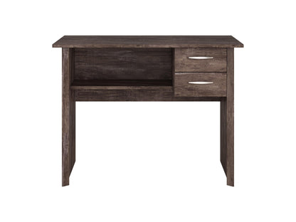 Modern brown wooden desk with three spacious drawers, sleek metal handles, and sturdy construction, perfect for home office organization and workspace efficiency.