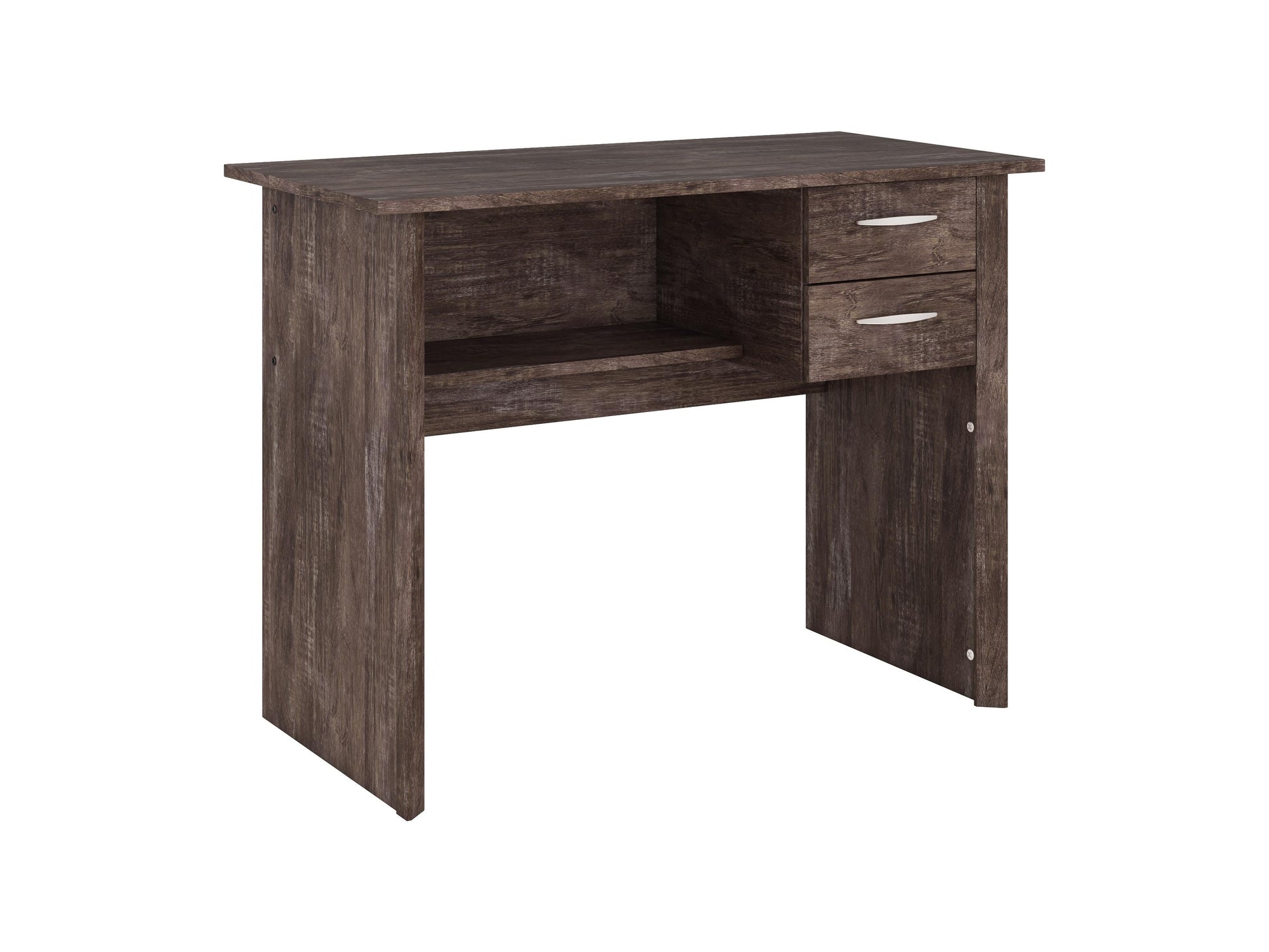 Brown wooden desk with drawers, sleek metal legs, modern minimalist design, perfect for home office or study.