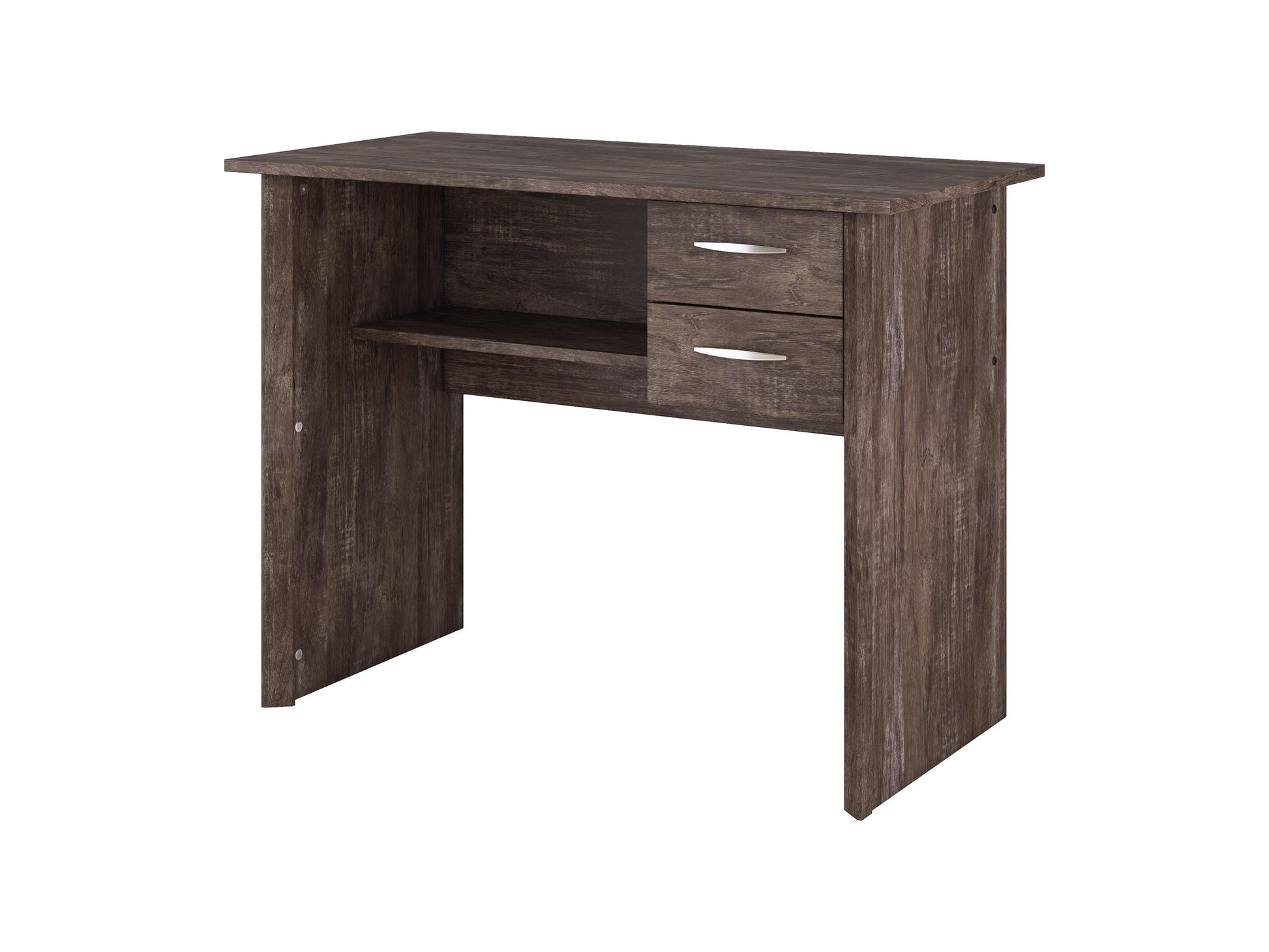 Brown wooden desk with drawers, sleek design, metal handles, and ample storage space for home office or study.