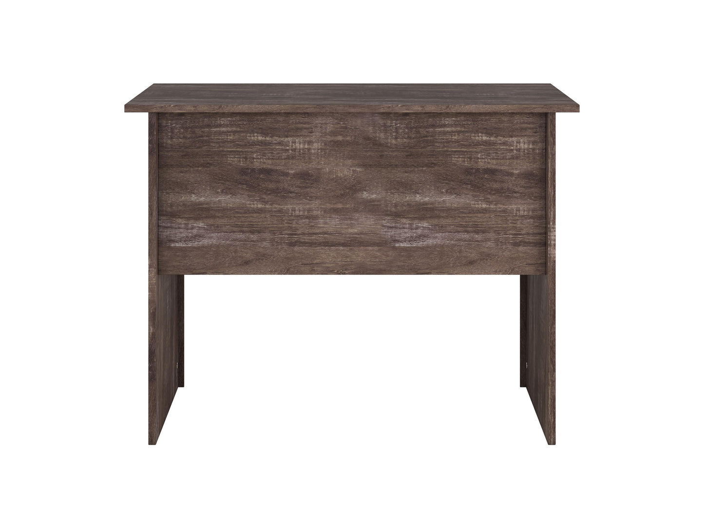 Brown wooden desk with drawers, sleek modern design, metal handles, perfect for home office or study space.