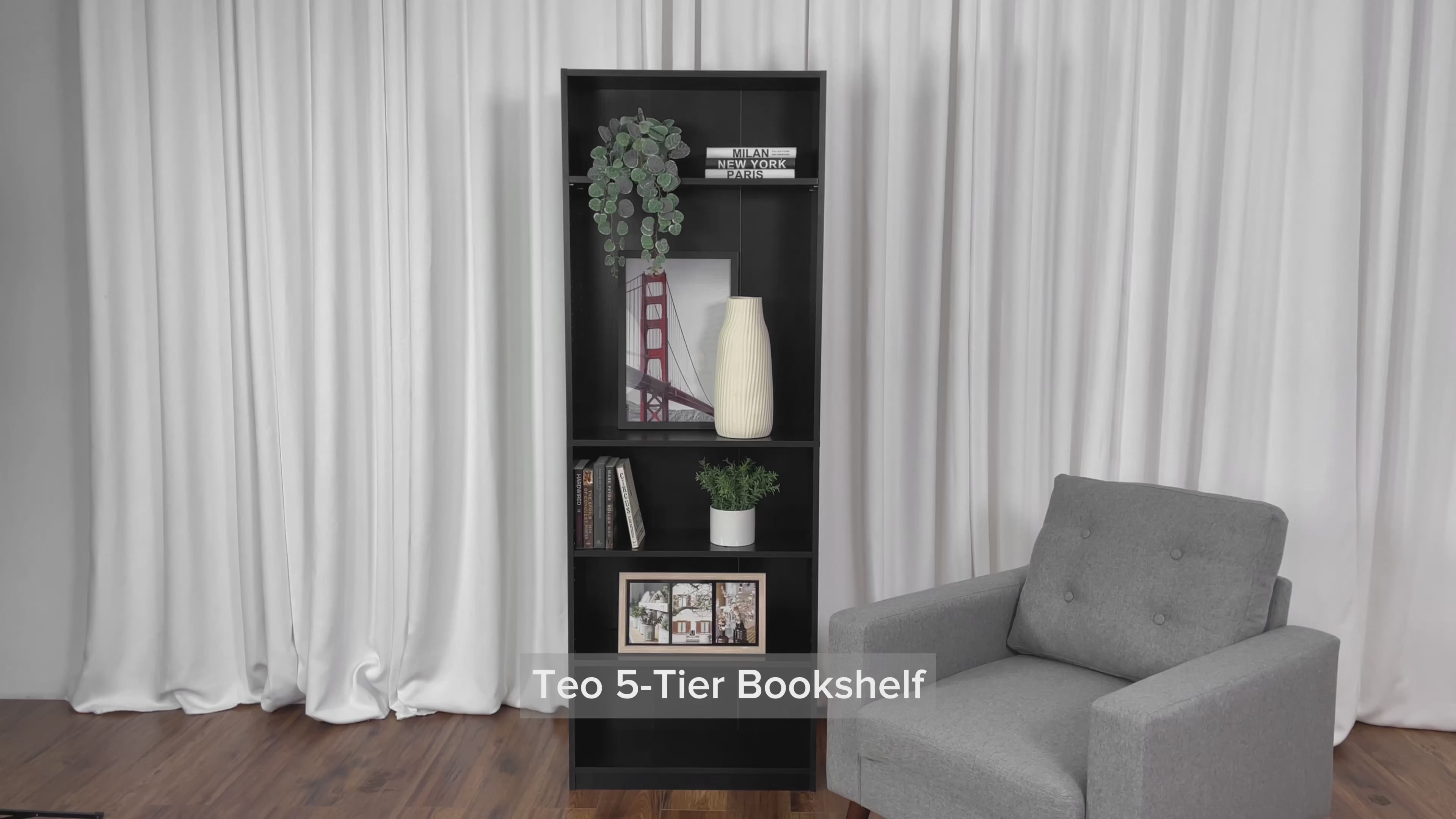 Load video: Teo Black 5-Tier Bookshelf Product Video