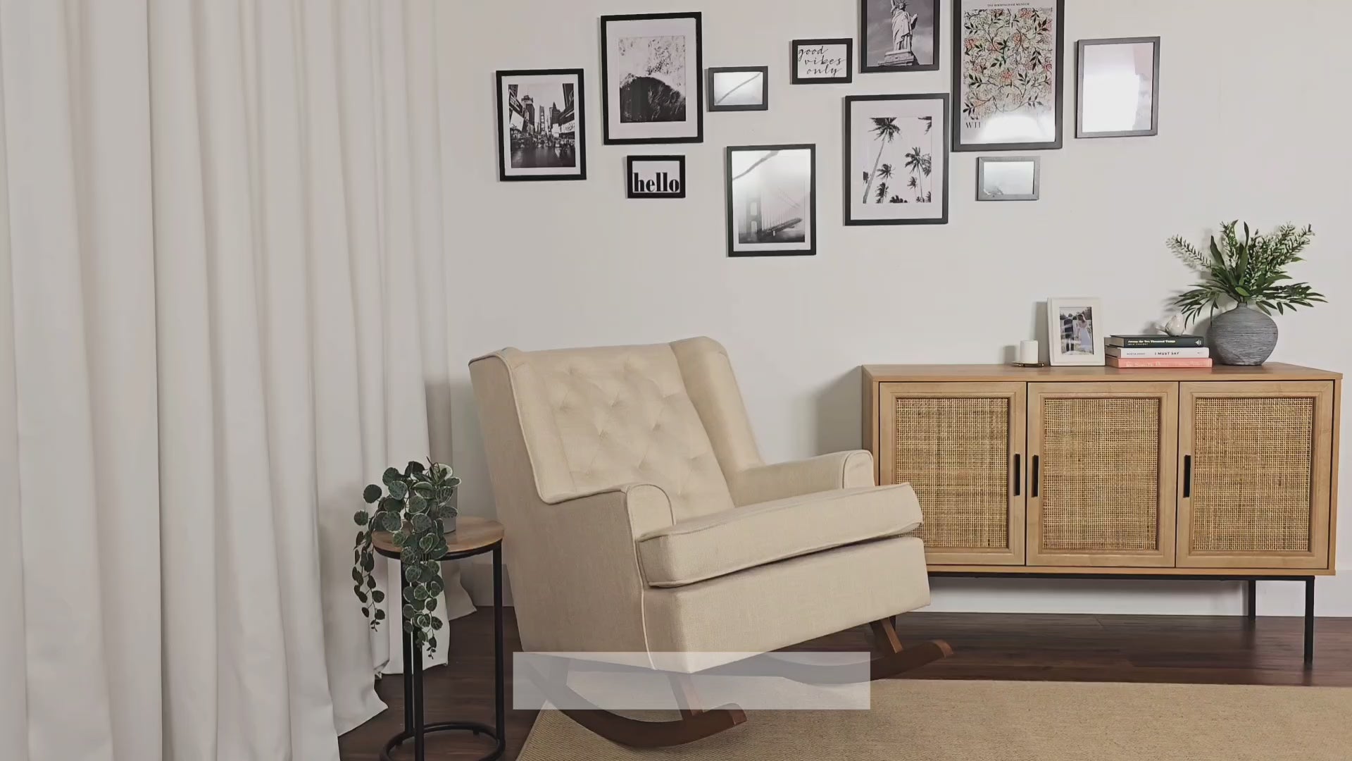 Load video: Eleanor Beige Timeless Rocking Chair Product Video