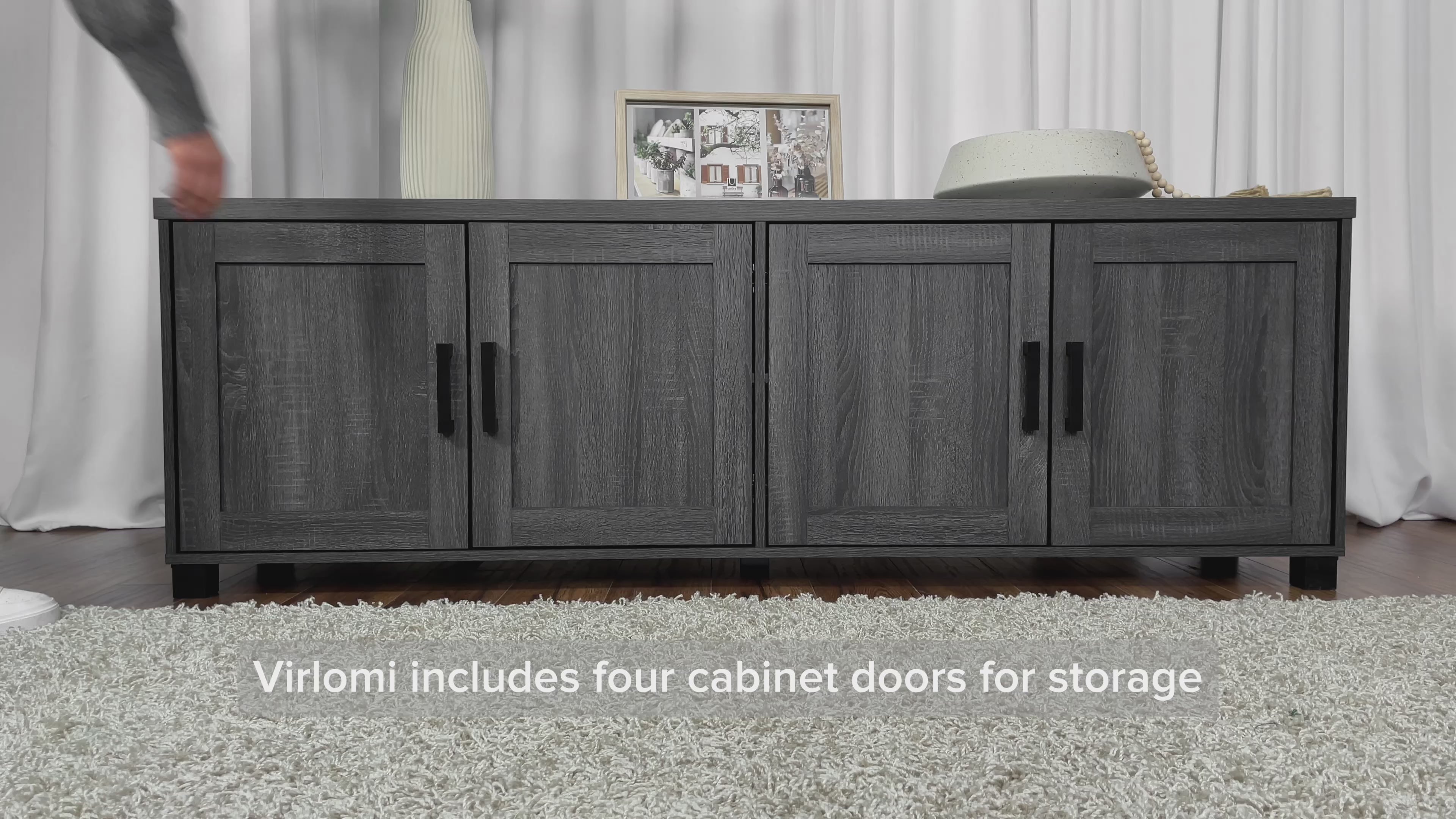 Load video: Virlomi TV Stand with Doors, TVs up to 85&quot; - Dark Grey Product Video