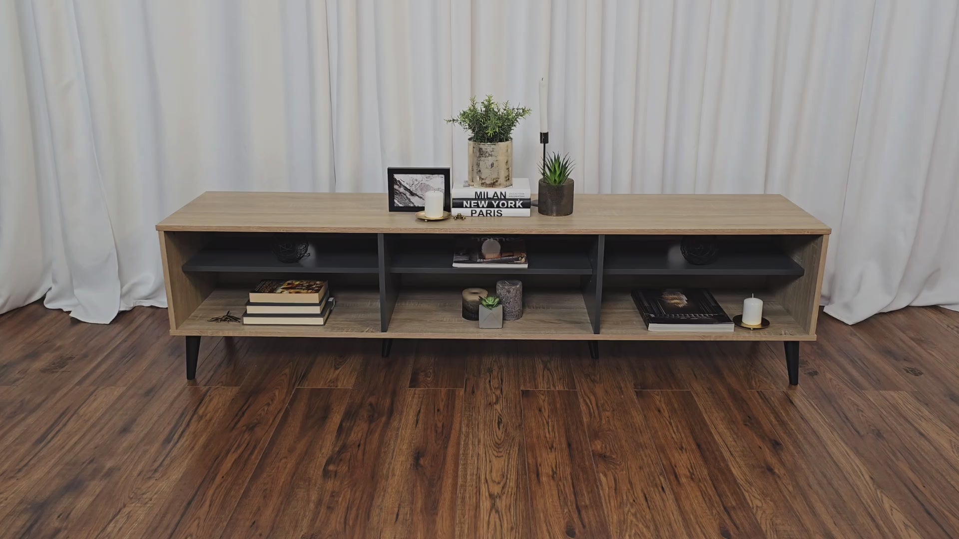 Load video: Cole TV Bench with Open Shelves, TVs up to 85&quot; Product Video