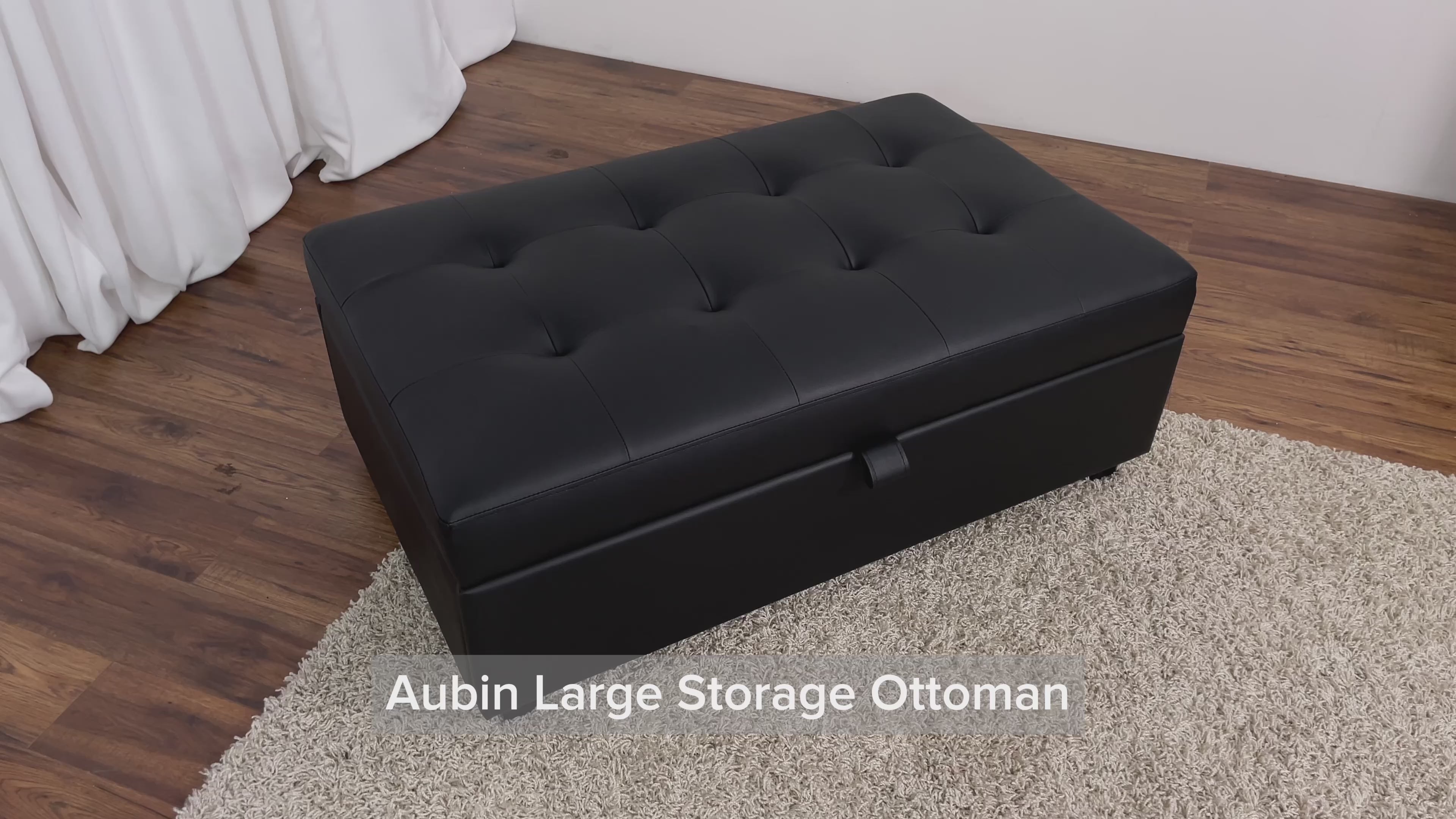 Load video: Aubin Vegan Leather Storage Ottoman - Black Product Video