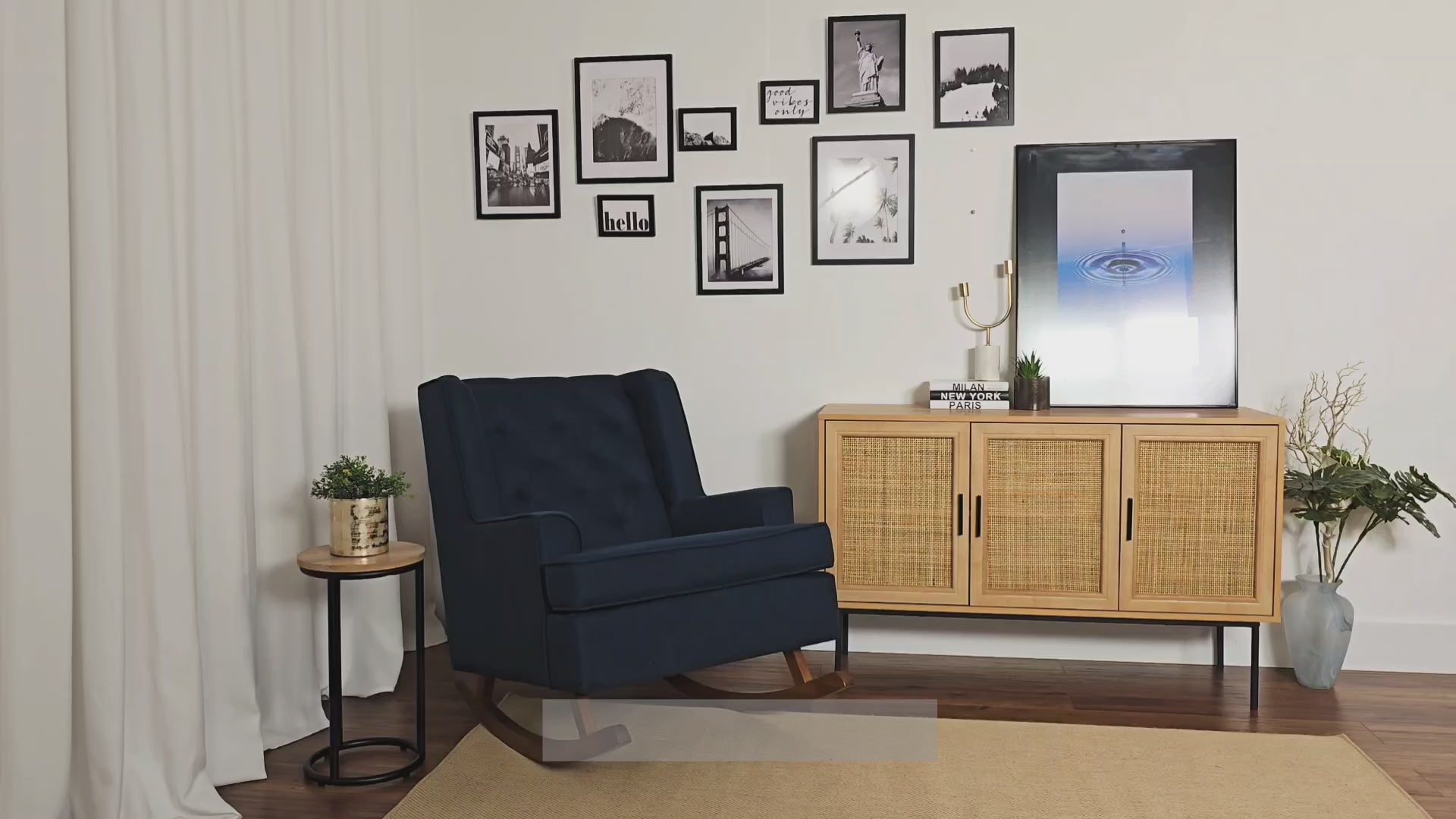 Load video: Eleanor Blue Timeless Rocking Chair Product Video