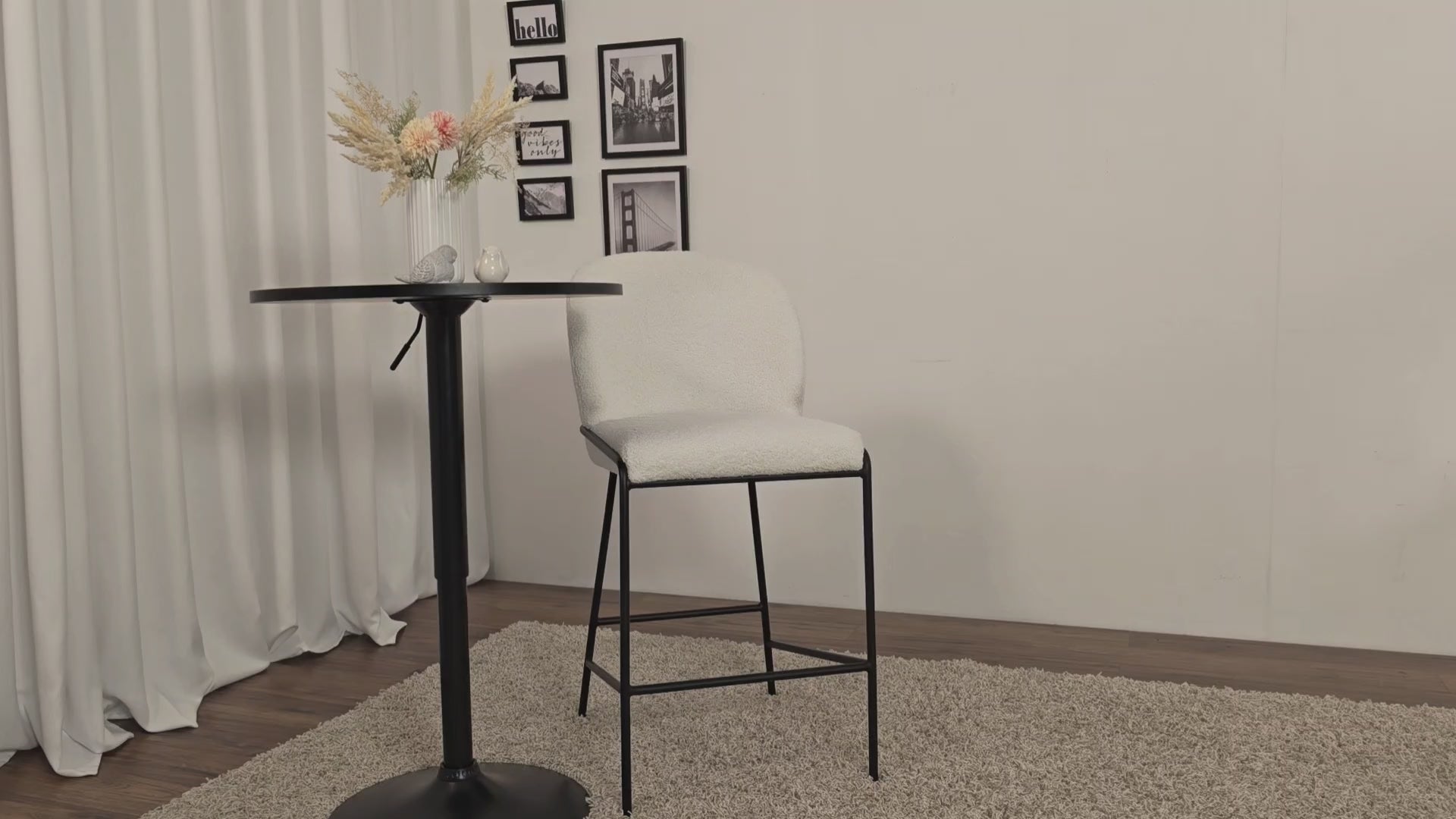 Load video: Blakeley Boucle Bar Stool - Grey Product Video