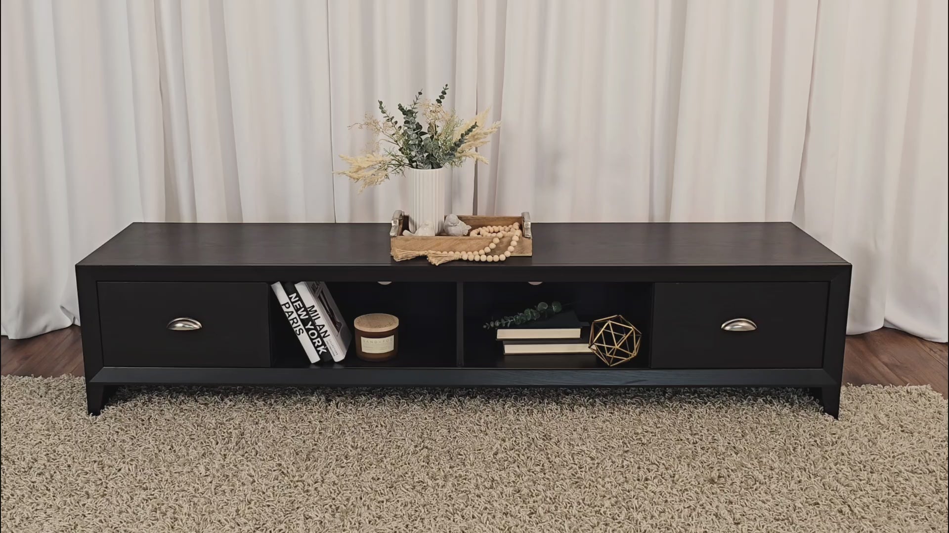 Load video: Lakewood Black TV Stand, TVs up to 85&quot; Product Video