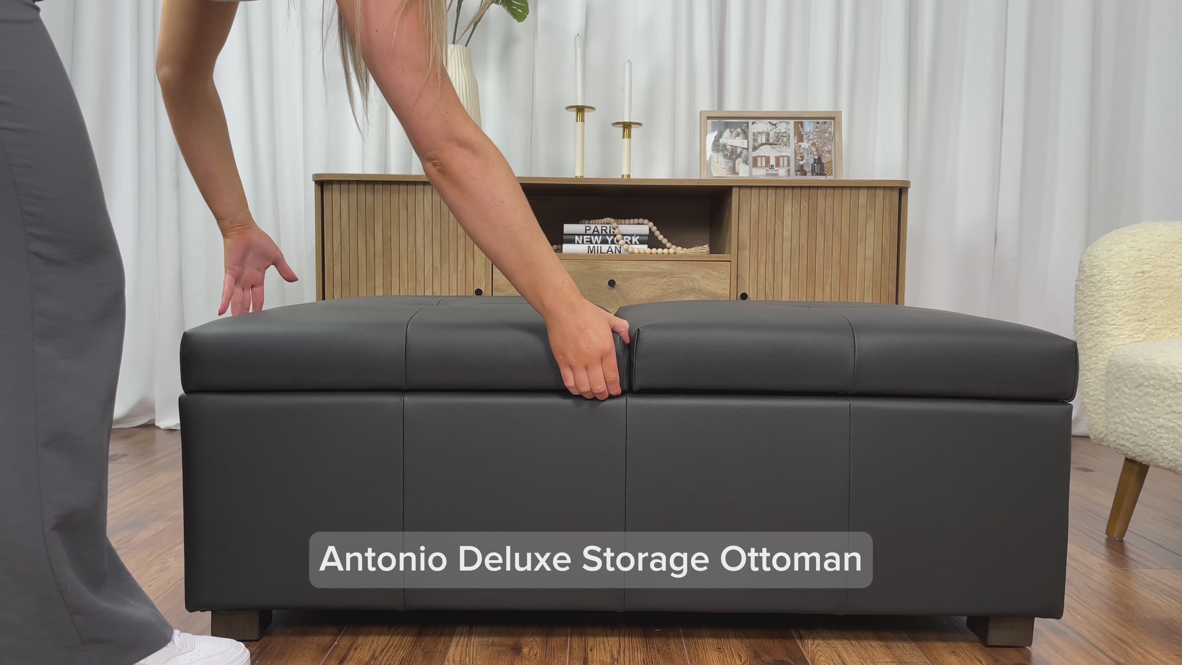 Load video: Antonio Deluxe Storage Ottoman Product Video