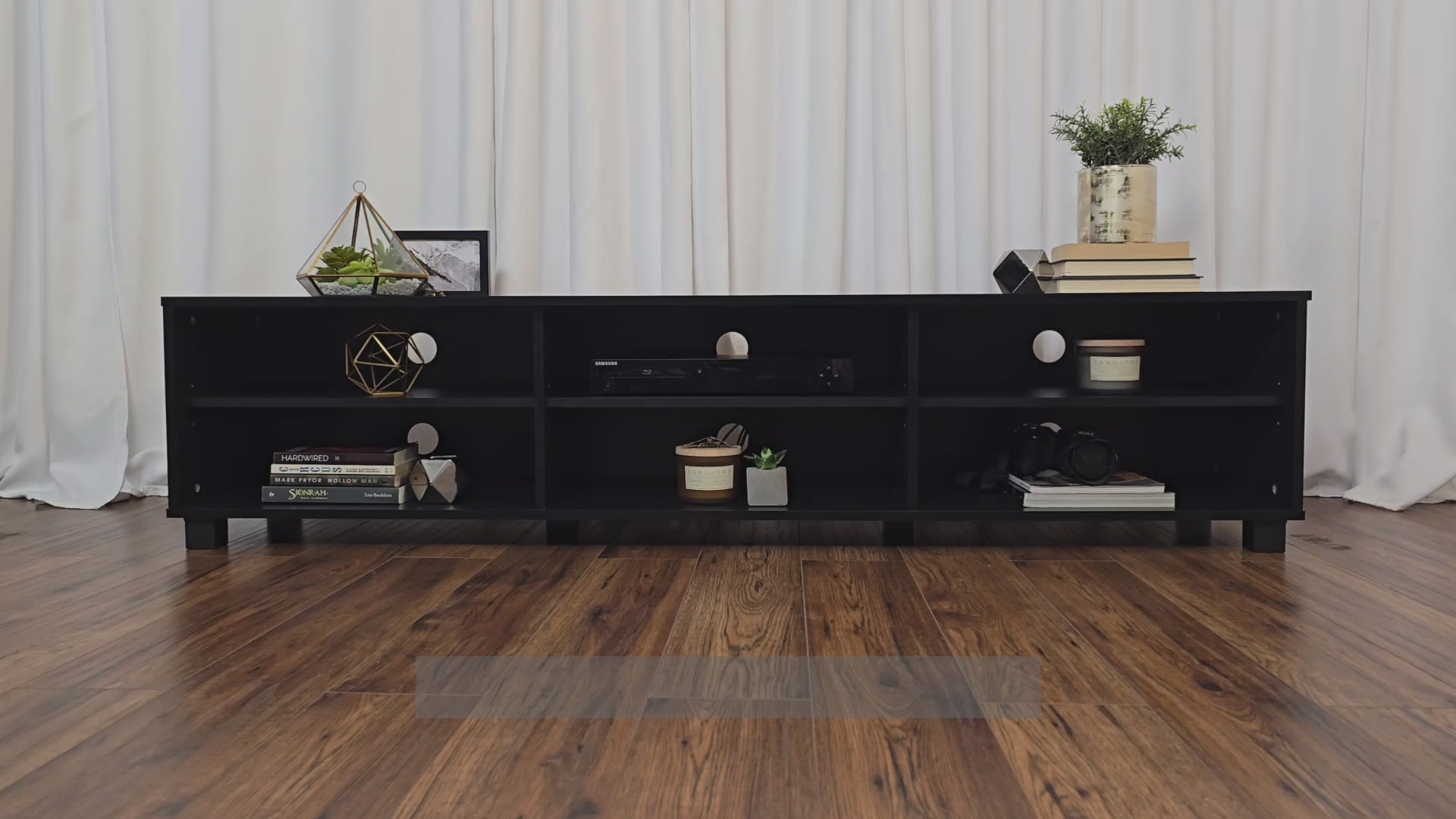 Load video: Hollywood Modern TV Stand, TVs up to 85&quot; - Black Product Video