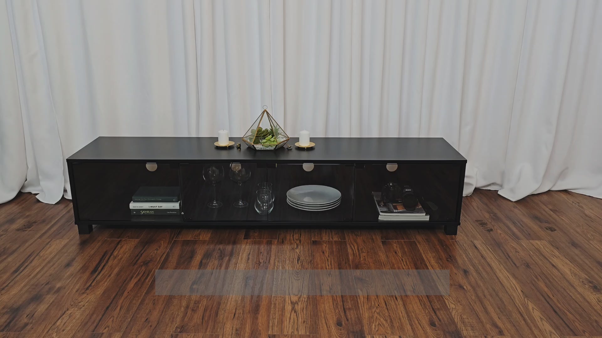 Load video: Bromley Black Glass TV Stand, TV&#39;s up to 85&quot; Product Video