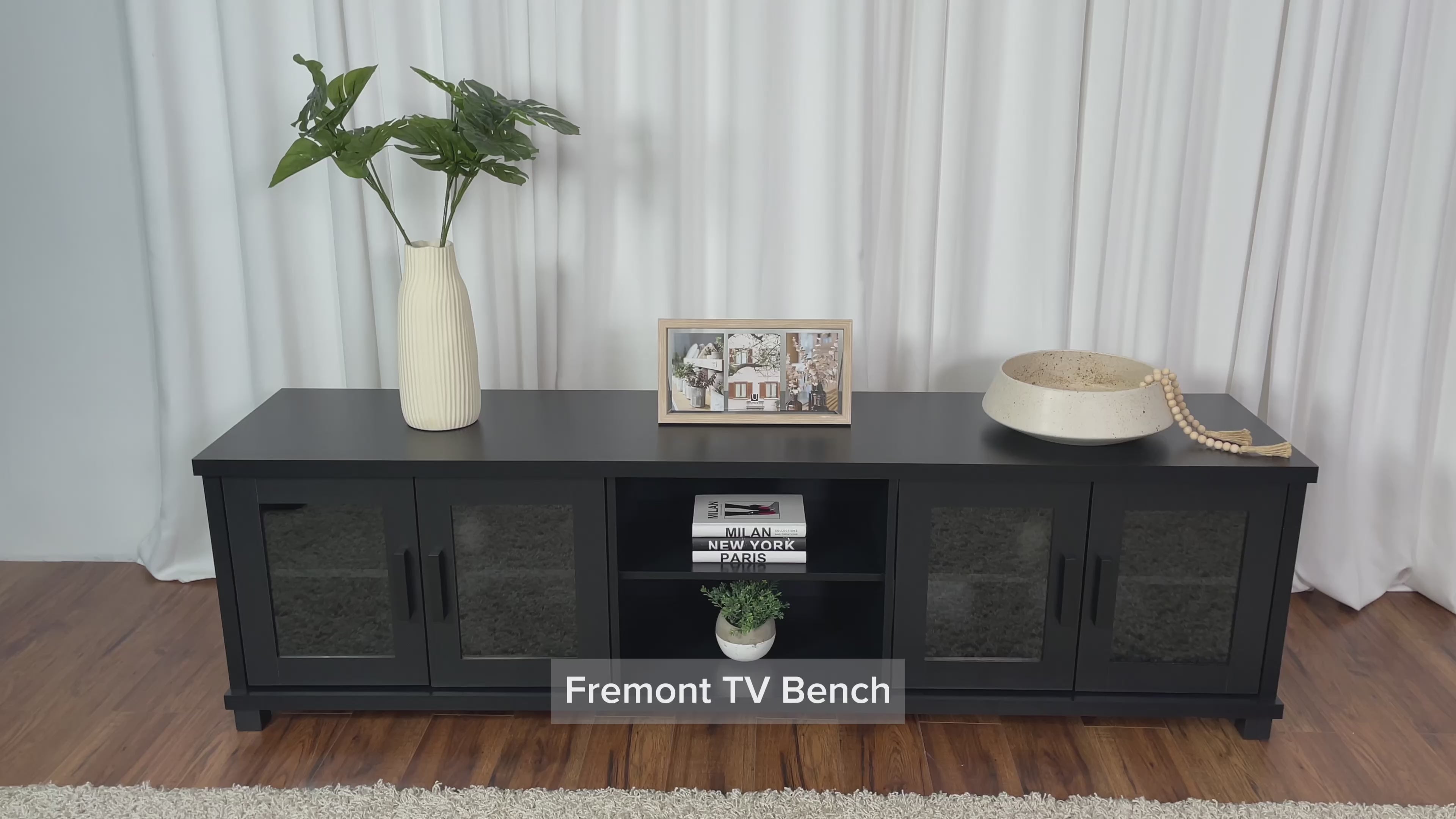 Load video: Fremont Black TV Bench for TVs up to 95 Inches Product Video