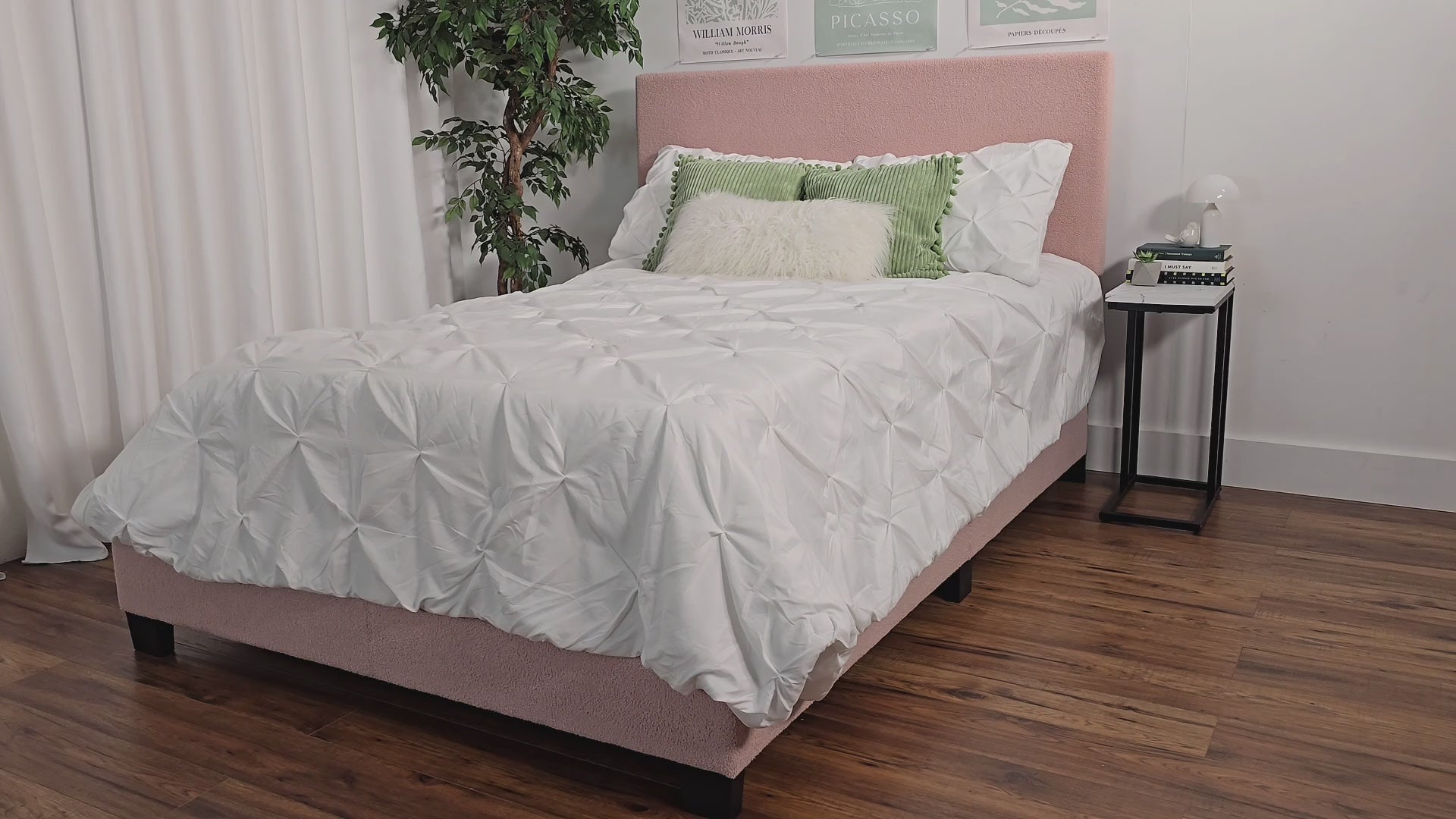 Load video: Celeste Pink Boucle Bed Product Video