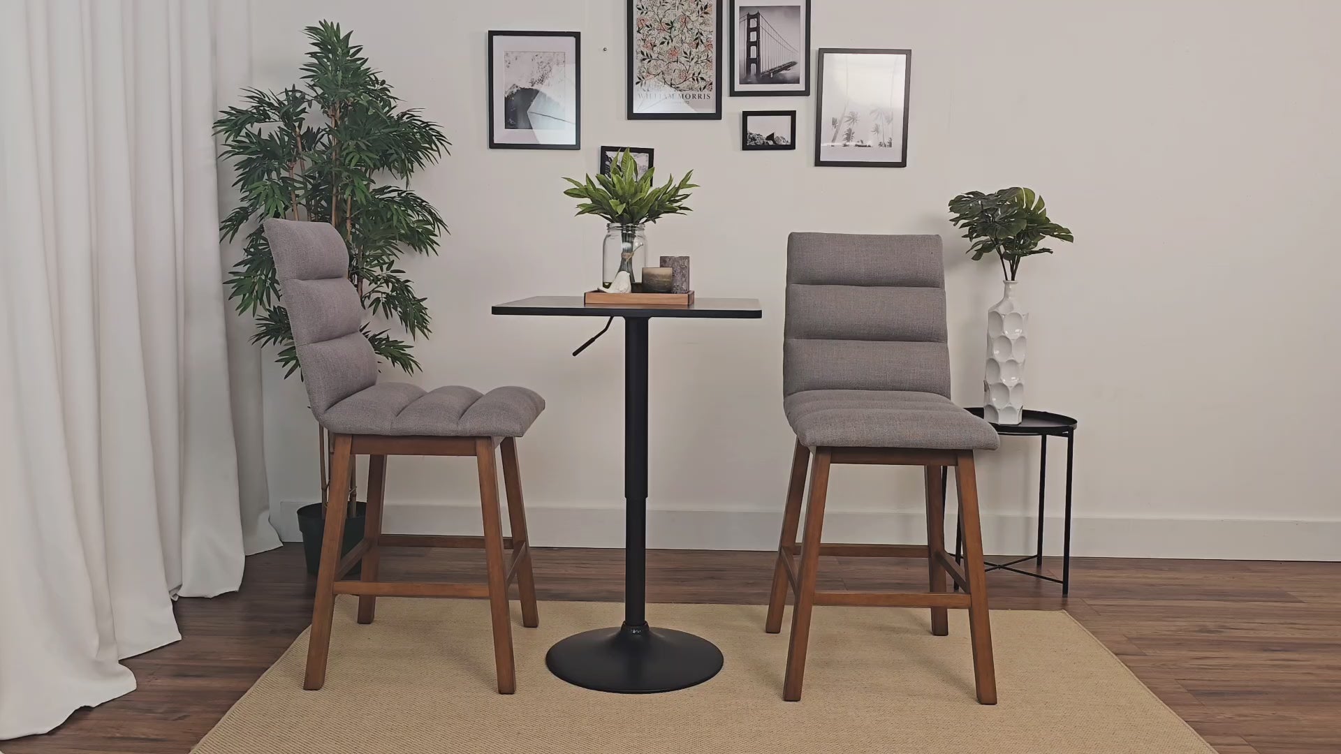 Load video: Meridian Light Grey Channel Tufted Bar Stools Product Video