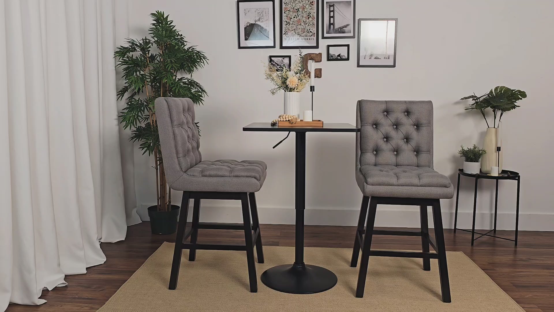 Load video: Belmont Light Grey Button Tufted Bar Stools Product Video