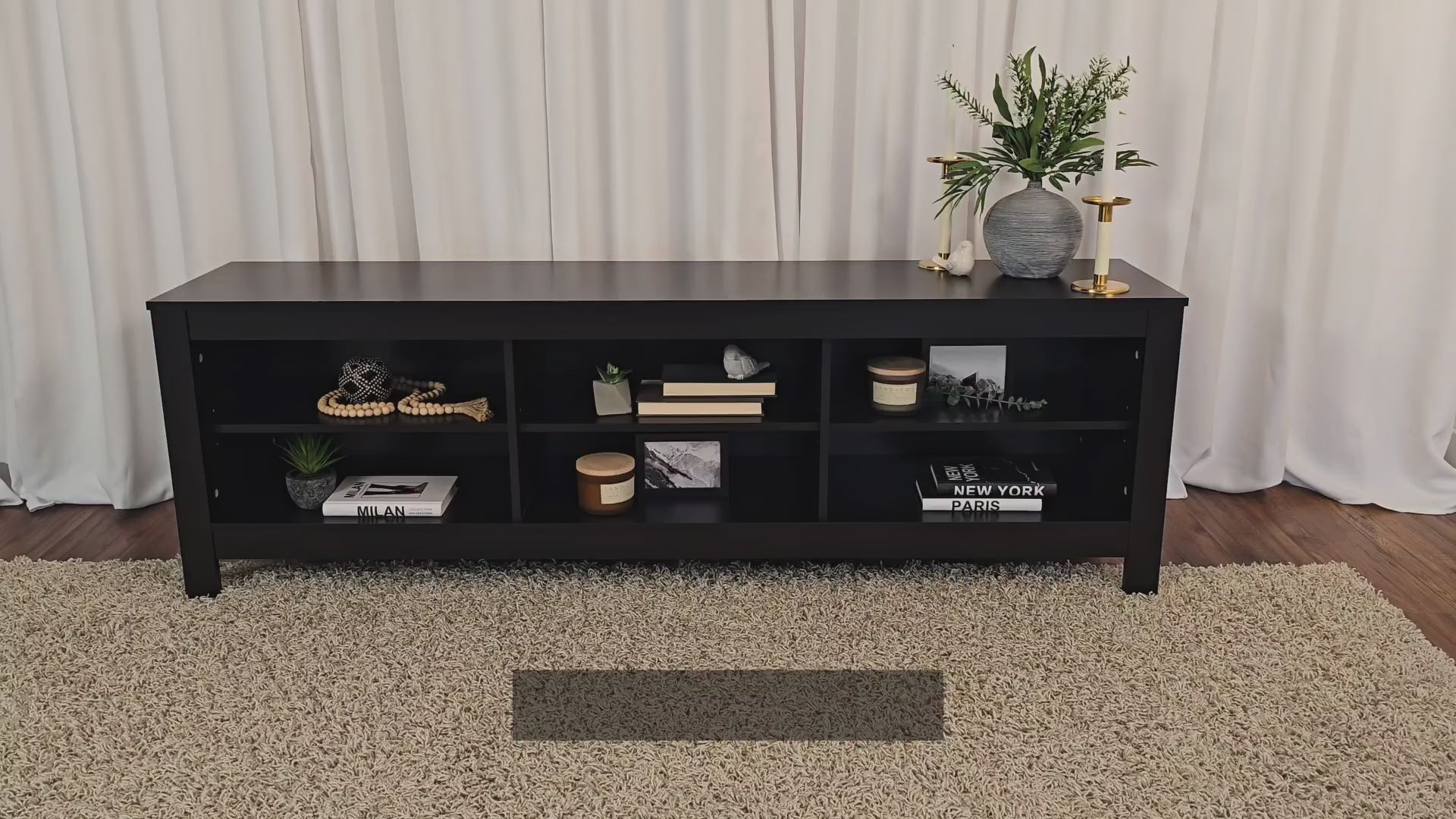 Load video: Norio Black Media Console, TVs up to 85&quot; Product Video