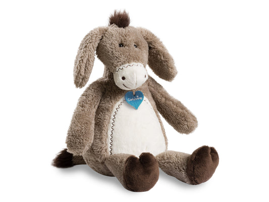 Gray plush donkey with white muzzle and belly, black mane and tail, embroidered eyes, and soft, fuzzy texture.