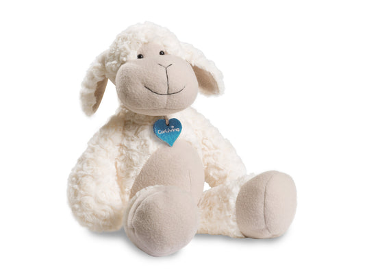 Soft plush lamb toy with white, fluffy fur and beige face, ears, and feet, sitting upright on a wooden surface. Perfect for children's gifts and charity donations.