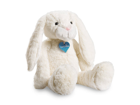 Plush rabbit toy with soft gray fur, long floppy ears, and a pink nose, sitting upright on a white surface. Ideal for kids and collectors.