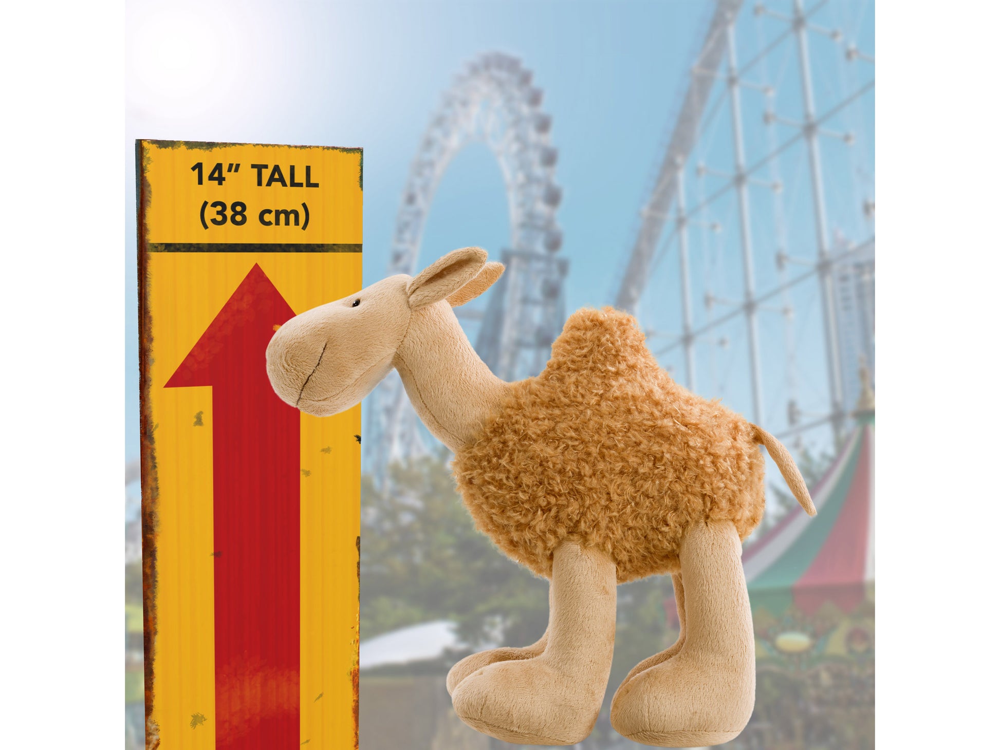 Soft, plush camel toy named Naomi with beige fur, embroidered eyes, and a friendly expression. Ideal for children, this charity plush features a huggable texture and supports a good cause.