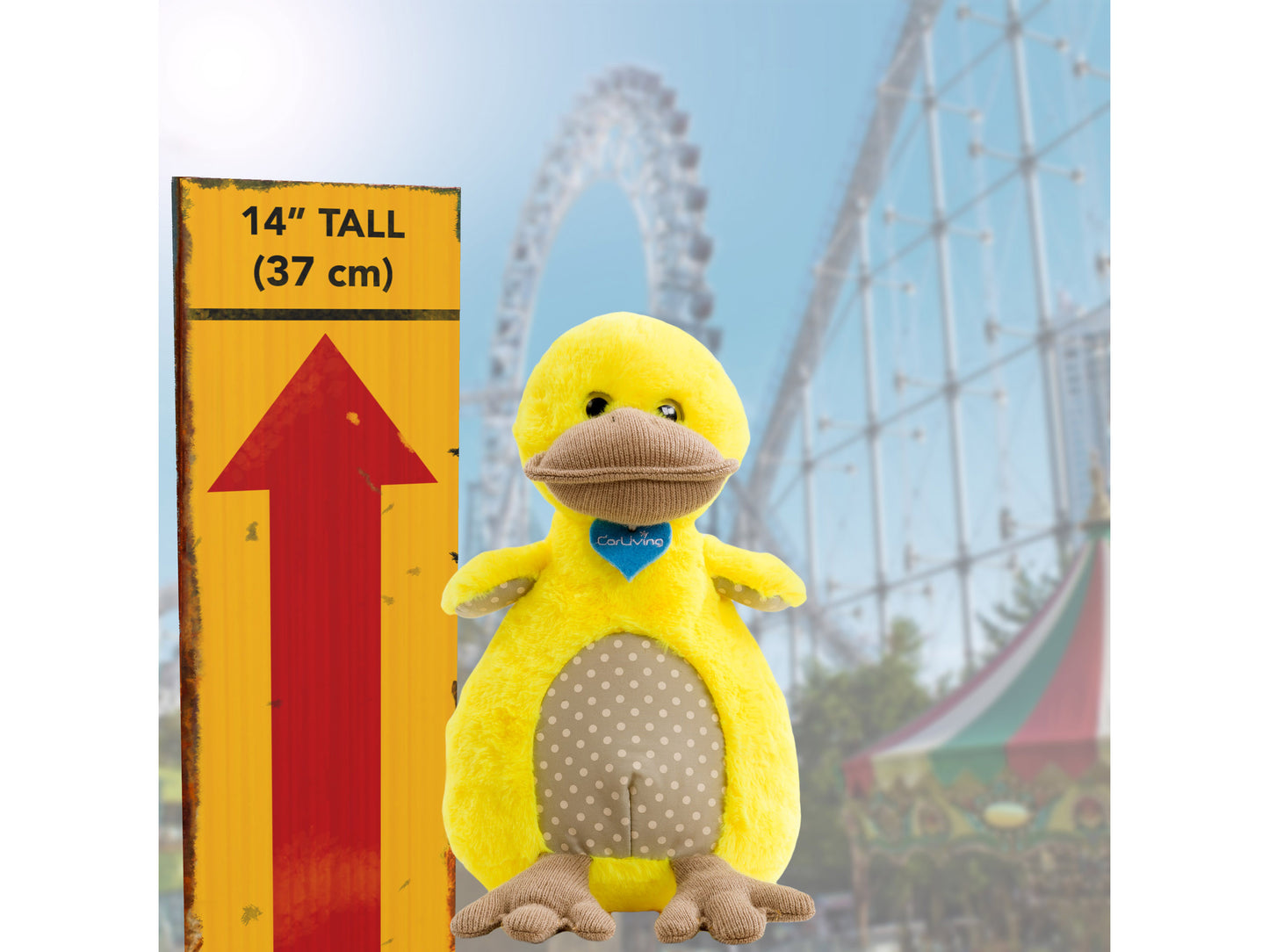 Plush duck toy named Stewart with soft yellow fur, orange beak and feet, and a white belly, designed for charity.