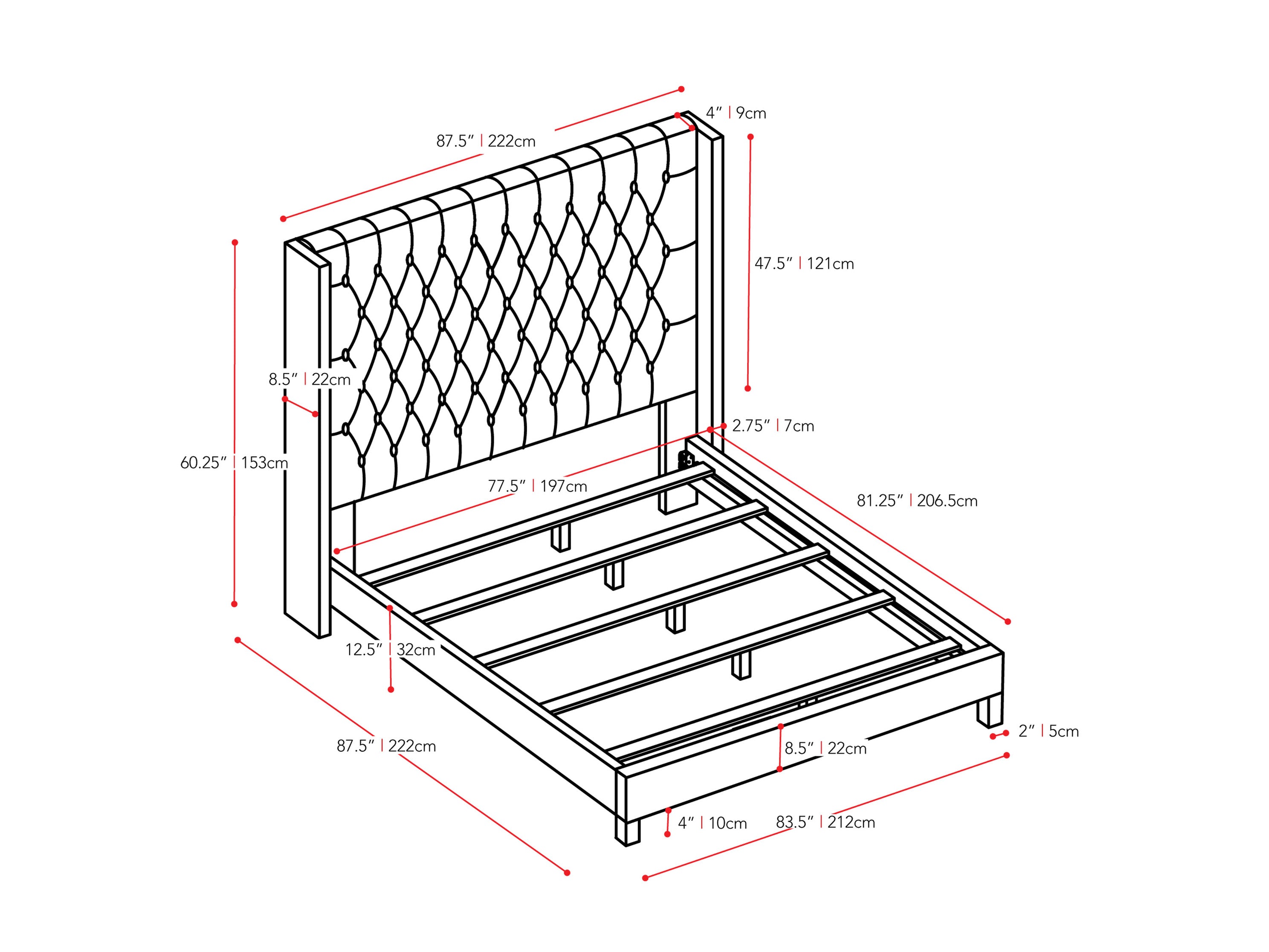 grey Tufted King Bed Fairfield Collection measurements diagram by CorLiving#color_grey