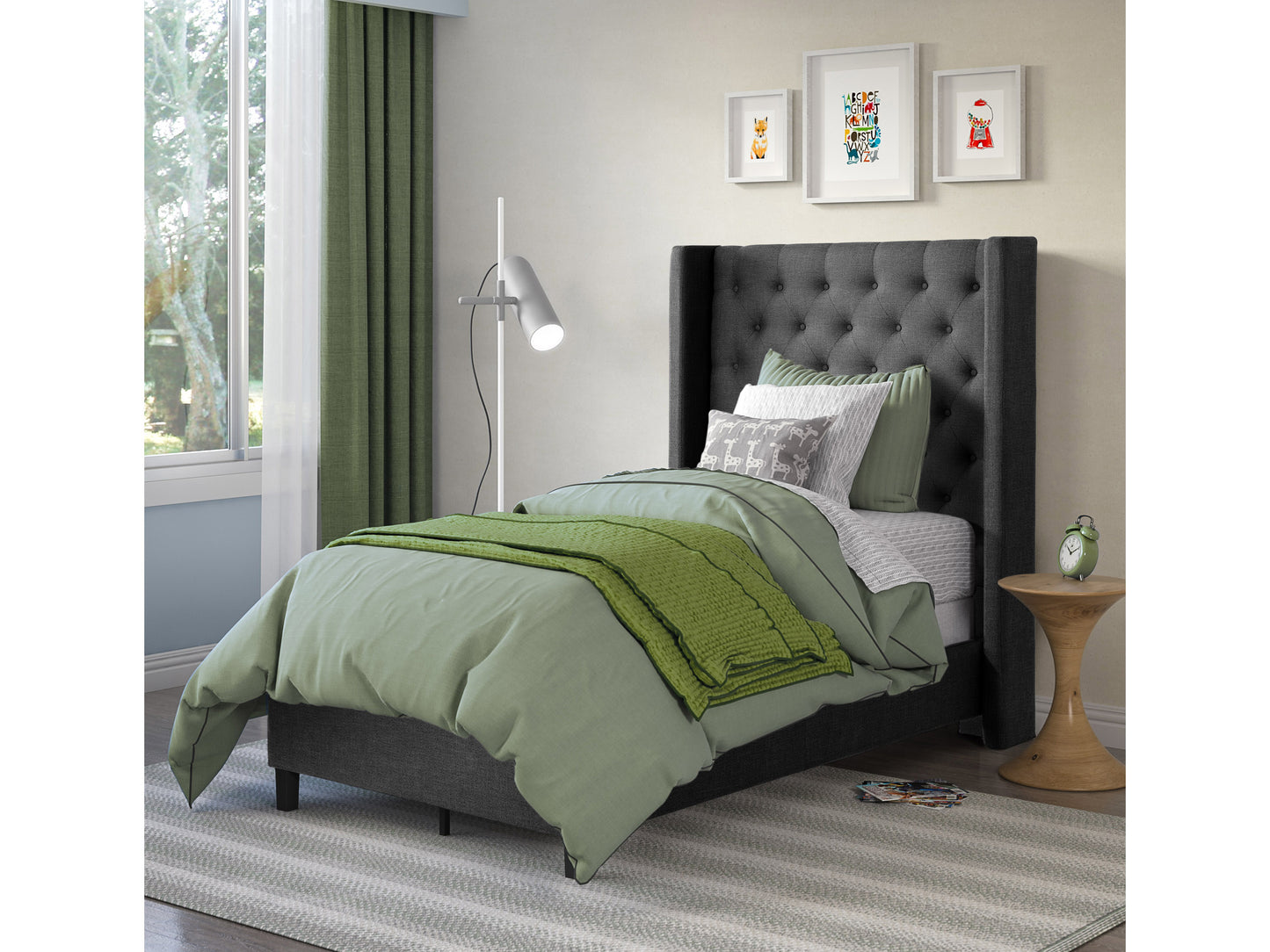 dark grey Tufted Twin / Single Bed Fairfield Collection lifestyle scene by CorLiving#color_dark-grey