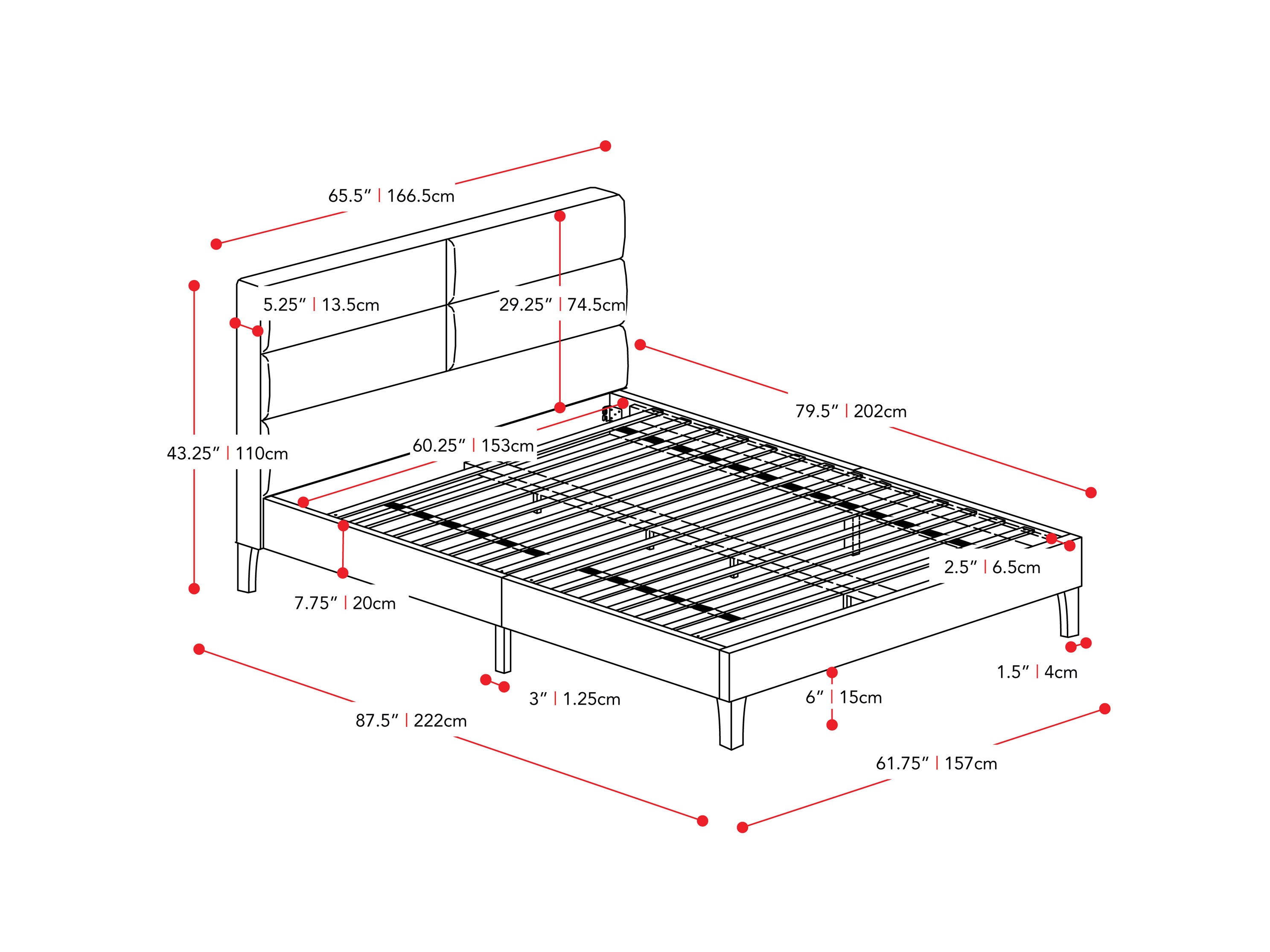 dark grey Upholstered Queen Bed Bellevue Collection measurements diagram by CorLiving#color_bellevue-dark-grey