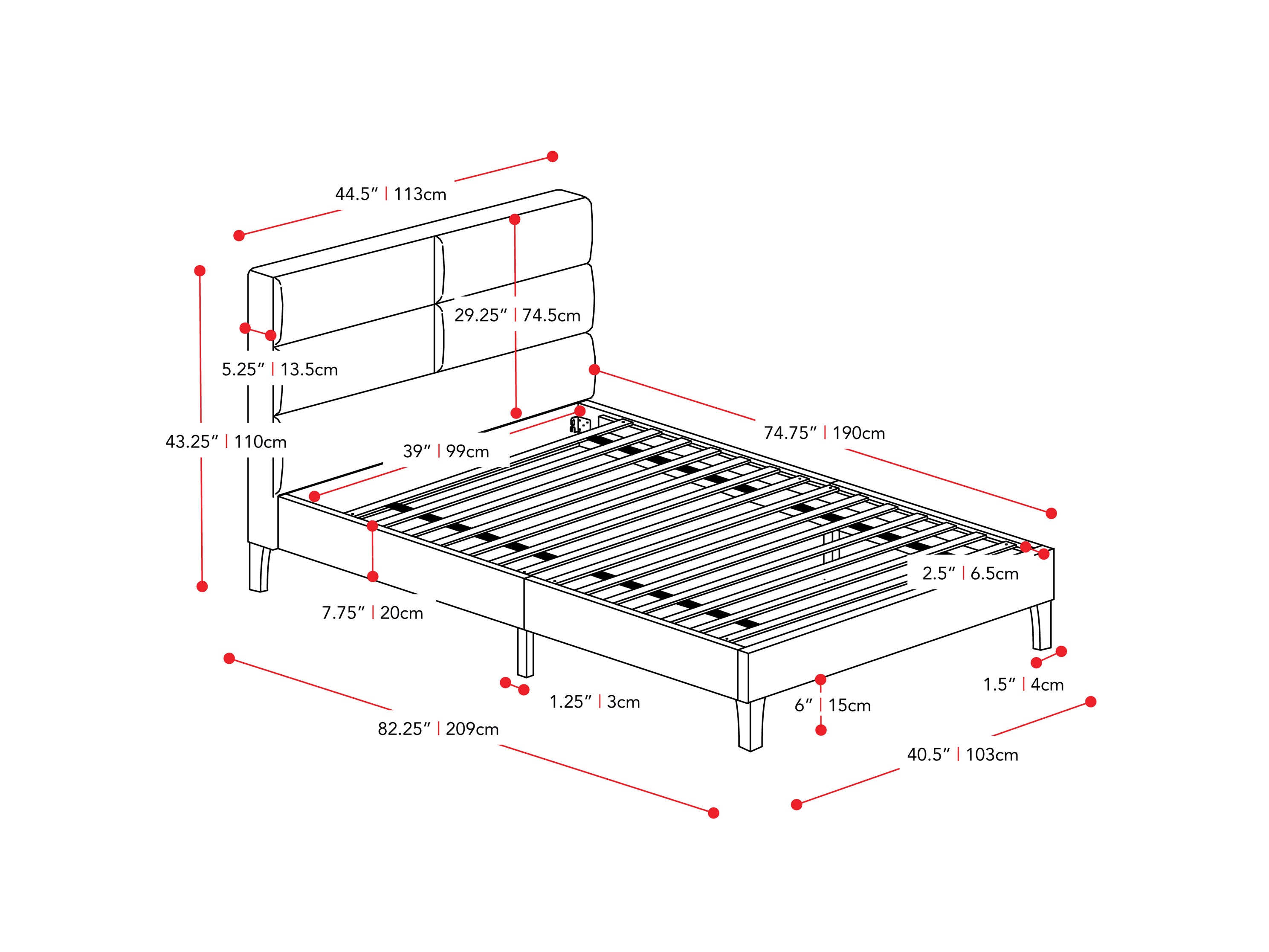 dark grey Upholstered Twin / Single Bed Bellevue Collection measurements diagram by CorLiving#color_bellevue-dark-grey