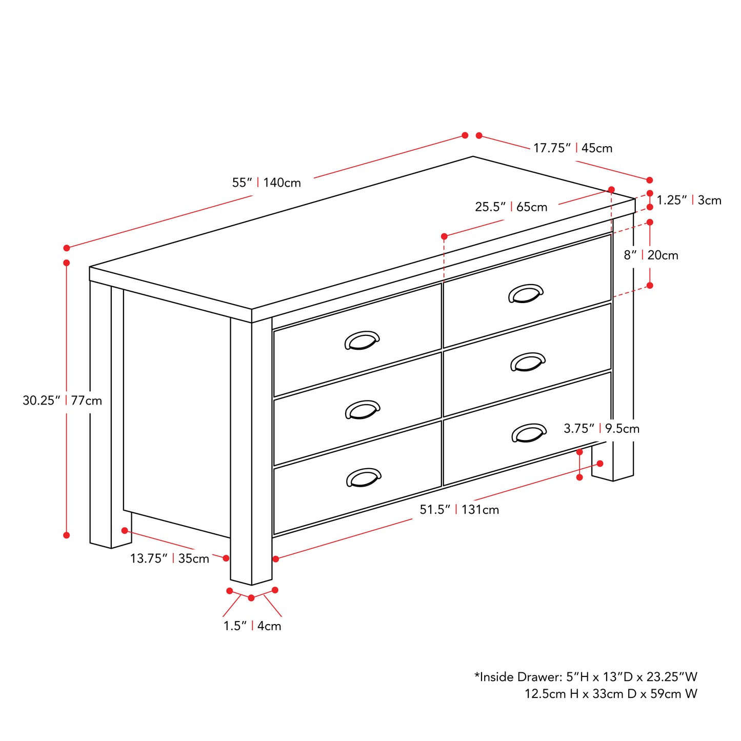 white 6 Drawer Dresser Boston Collection measurements diagram by CorLiving#color_white