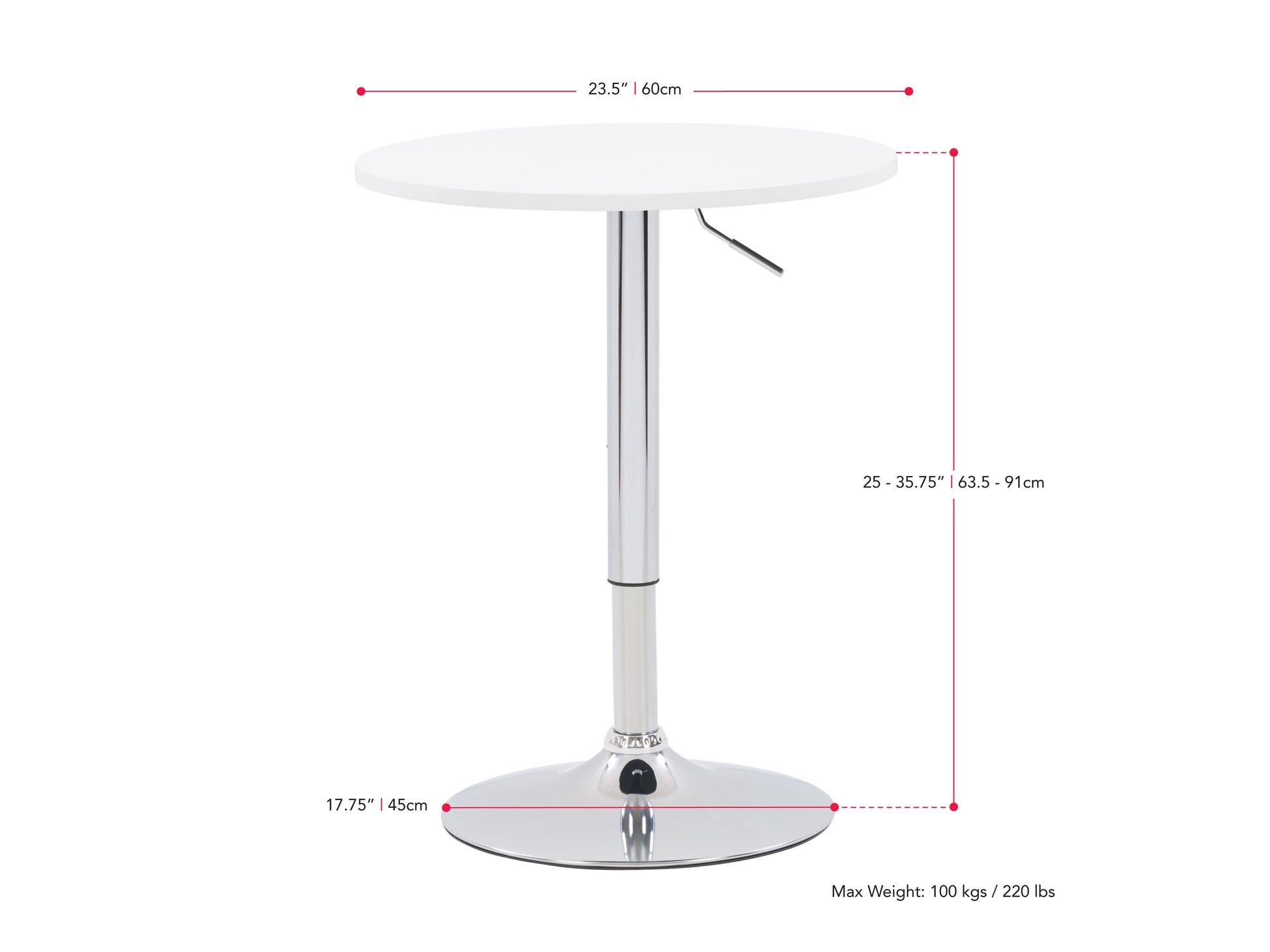 white Adjustable Height Bar Table, Round Maya Collection measurements diagram by CorLiving#color_white