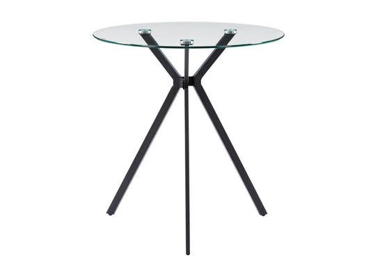 Modern glass bistro dining table with sleek black metal legs, round tempered glass top, minimalist design, perfect for contemporary kitchens or small dining spaces.