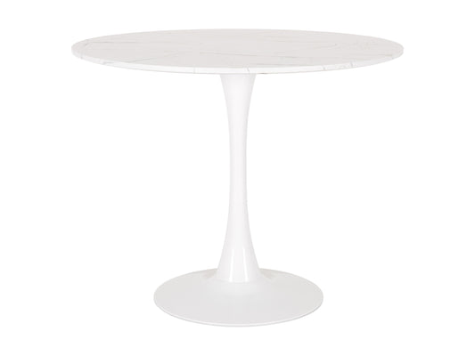 Round marbled bistro table with 35-inch diameter, featuring a white and grey marble top and sleek black metal legs, perfect for modern dining spaces and small kitchens.