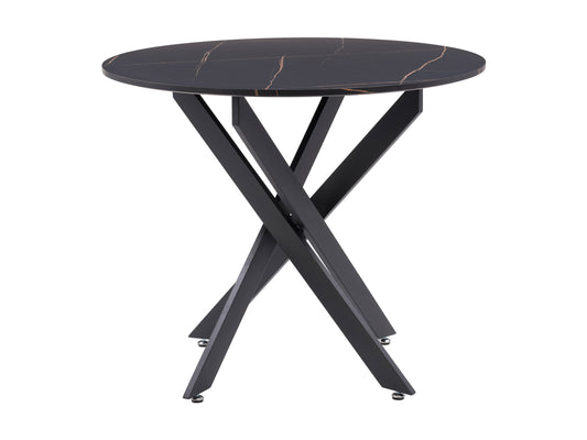 Black round dining table with sleek black finish, sturdy metal legs, and minimalist design, perfect for modern dining rooms.