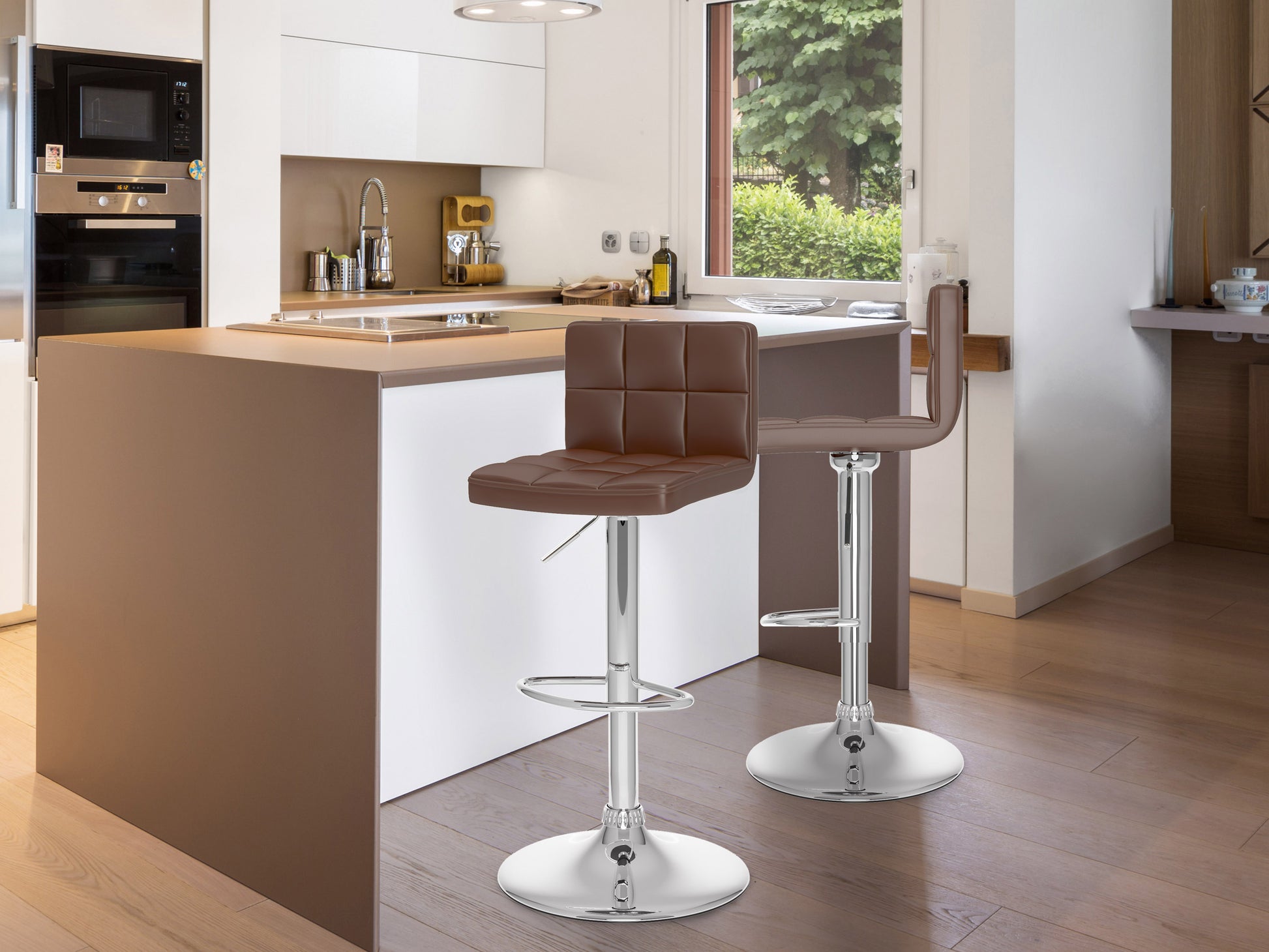 Set of 2 brown bar stools with cushioned seats, wooden legs, and footrests, featuring a sleek, modern design ideal for kitchen islands or home bars.