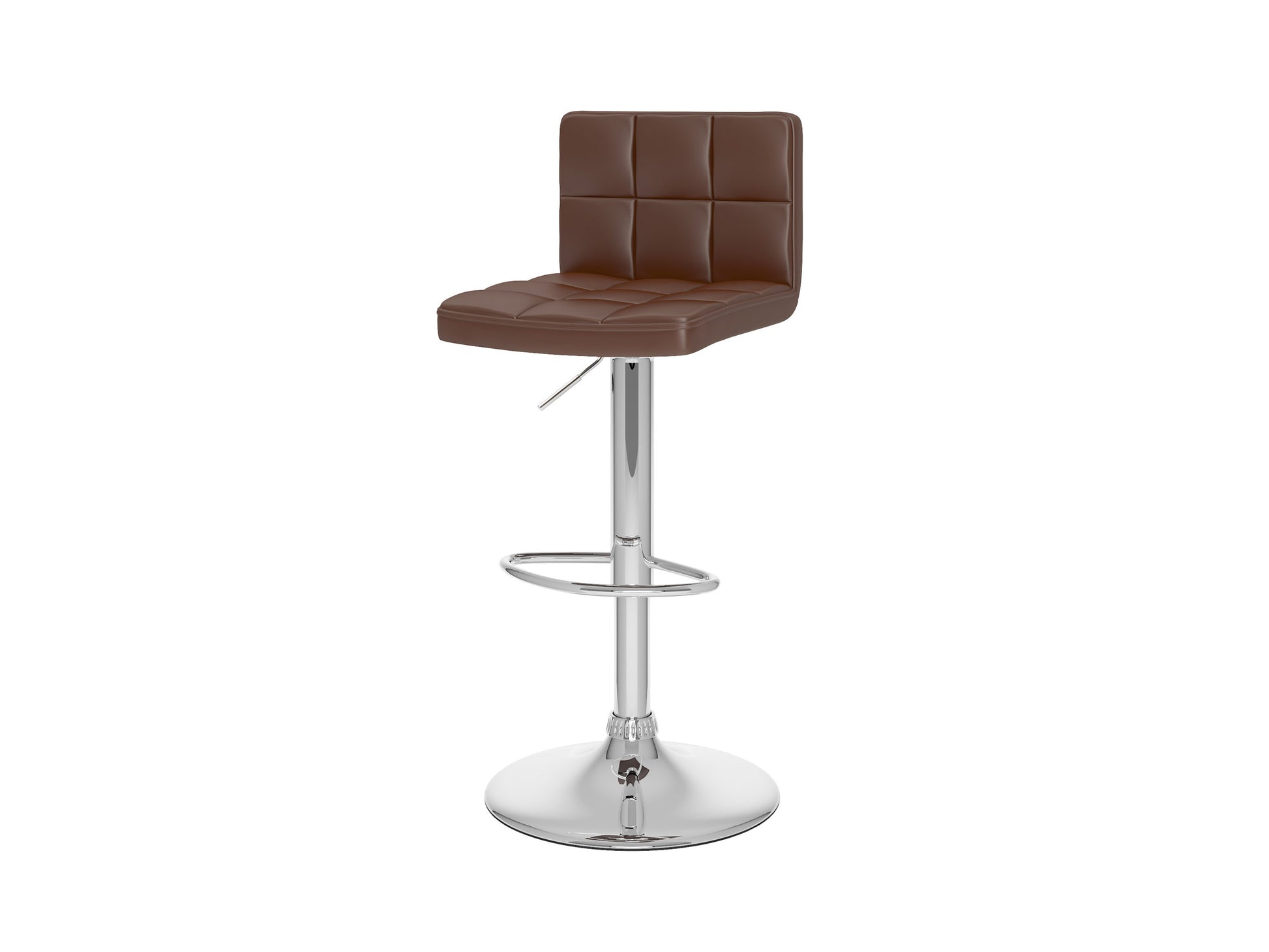 Set of two brown bar stools with cushioned seats, featuring a dark wood finish and sleek design, perfect for kitchen or bar area.