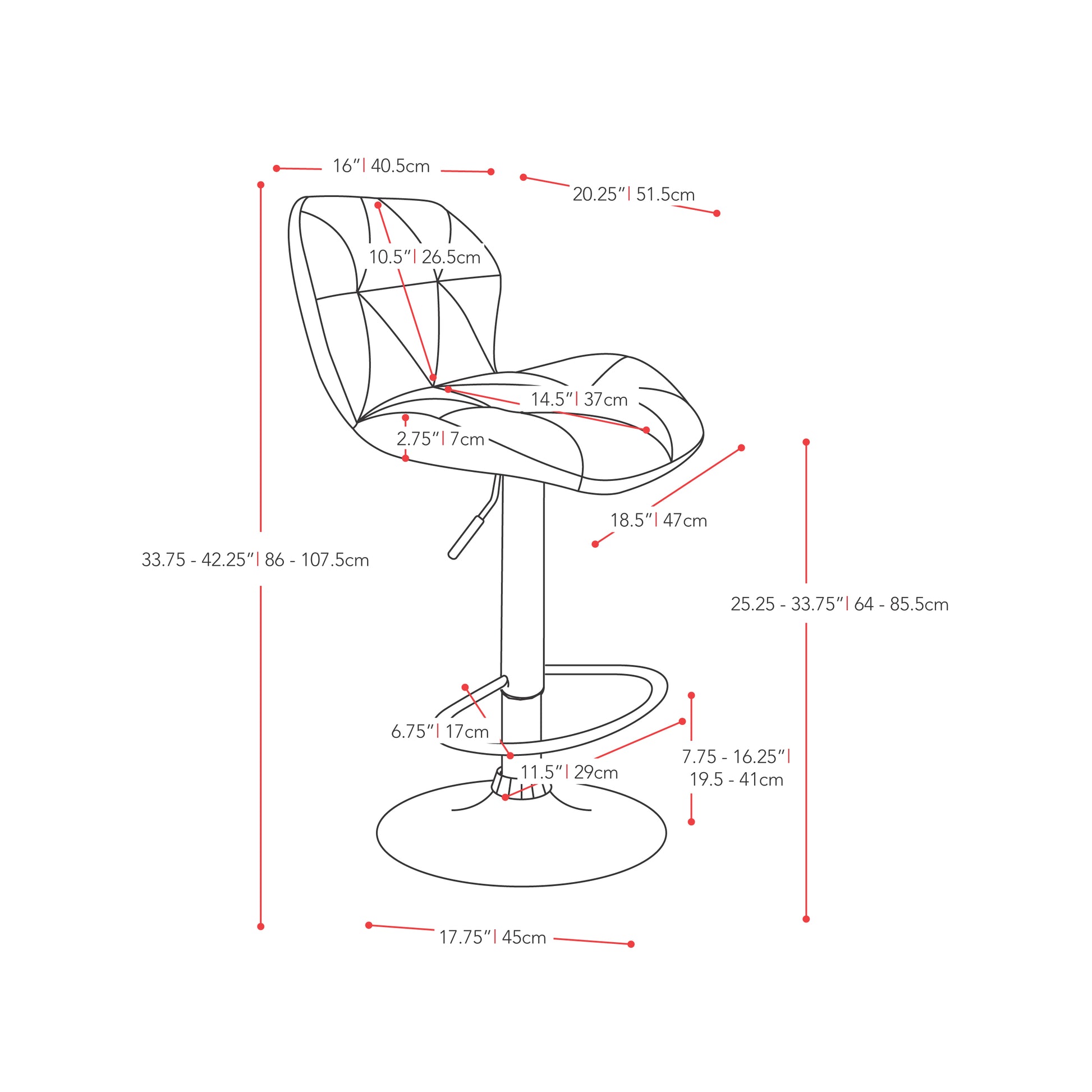 red Bar Stools with Backs Set of 2 Mateo Collection measurements diagram by CorLiving#color_red