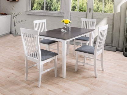 Modern dining set with sleek black metal frame and natural wood tabletop, featuring four matching chairs with cushioned seats, perfect for contemporary kitchen or dining room décor.