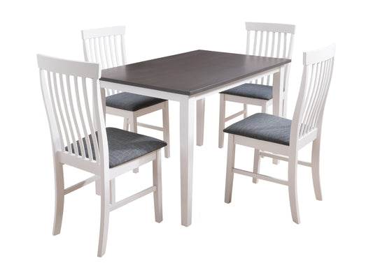 Modern dining set with a sleek white table and four black cushioned chairs, featuring sturdy metal legs and a minimalist design, perfect for contemporary dining rooms.