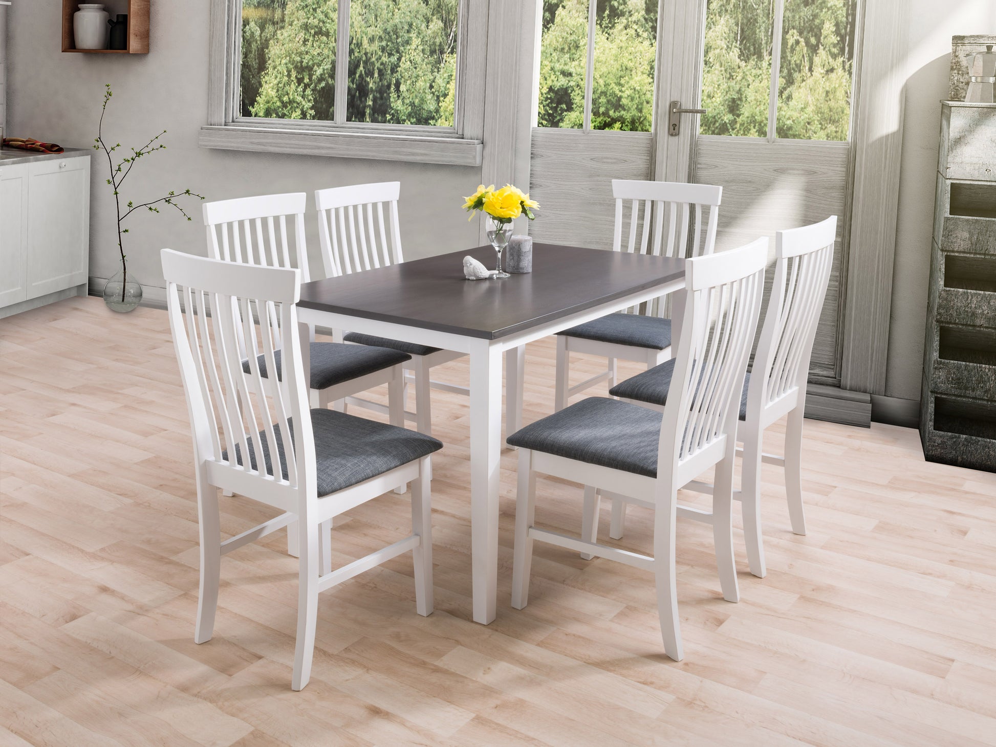 Grey and white dining set featuring a rectangular table with a sleek white top and grey legs, accompanied by six matching chairs with cushioned grey seats and white backs, perfect for modern dining rooms.