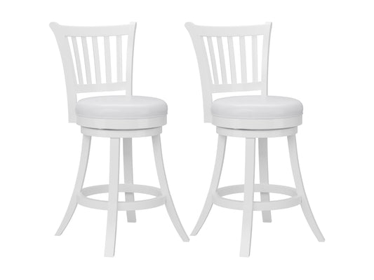 Set of 2 white bar stools with cushioned seats, sleek chrome legs, and footrests. Modern design with a smooth finish, perfect for contemporary kitchens or home bars. Durable and easy to clean.