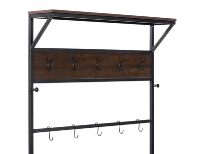 Dark wood hall tree with bench, storage cubbies, and coat hooks; features rustic finish, sturdy construction, and versatile design for entryway organization.