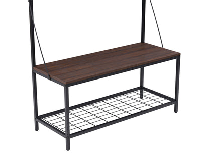 Rustic brown hall tree with black metal frame, featuring a storage bench, coat hooks, and upper shelf. Ideal for entryway organization, combining industrial style with practical storage solutions.