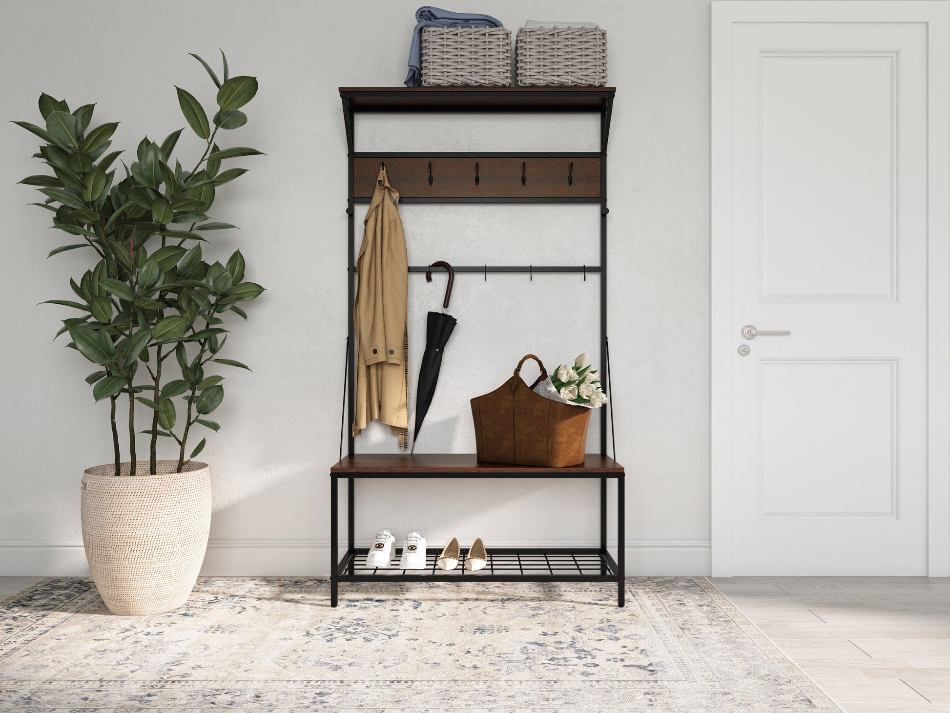 Dark brown hall tree with storage bench, featuring a sleek black metal frame, five hooks for hanging coats, a top shelf for decor, and a spacious bench seat with storage underneath.