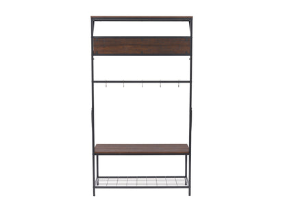 Modern hall tree with bench, white frame, natural wood accents, and black metal hooks. Features upper shelf for storage, lower shoe rack, and vertical slats for a stylish, functional entryway solution.