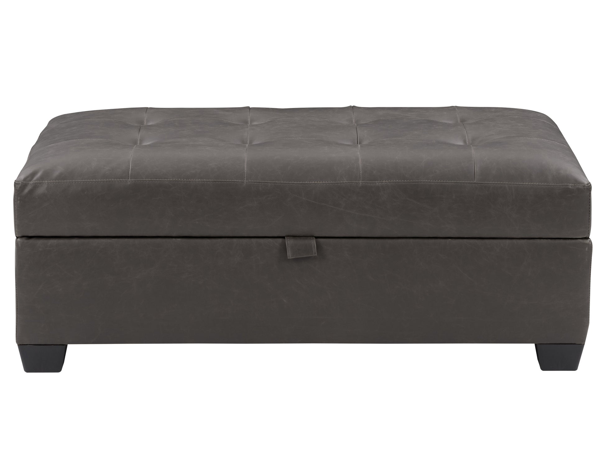 Gray tufted ottoman with storage, featuring a soft fabric texture and button-tufted design, wooden legs, and a spacious interior compartment for organizing living room essentials.